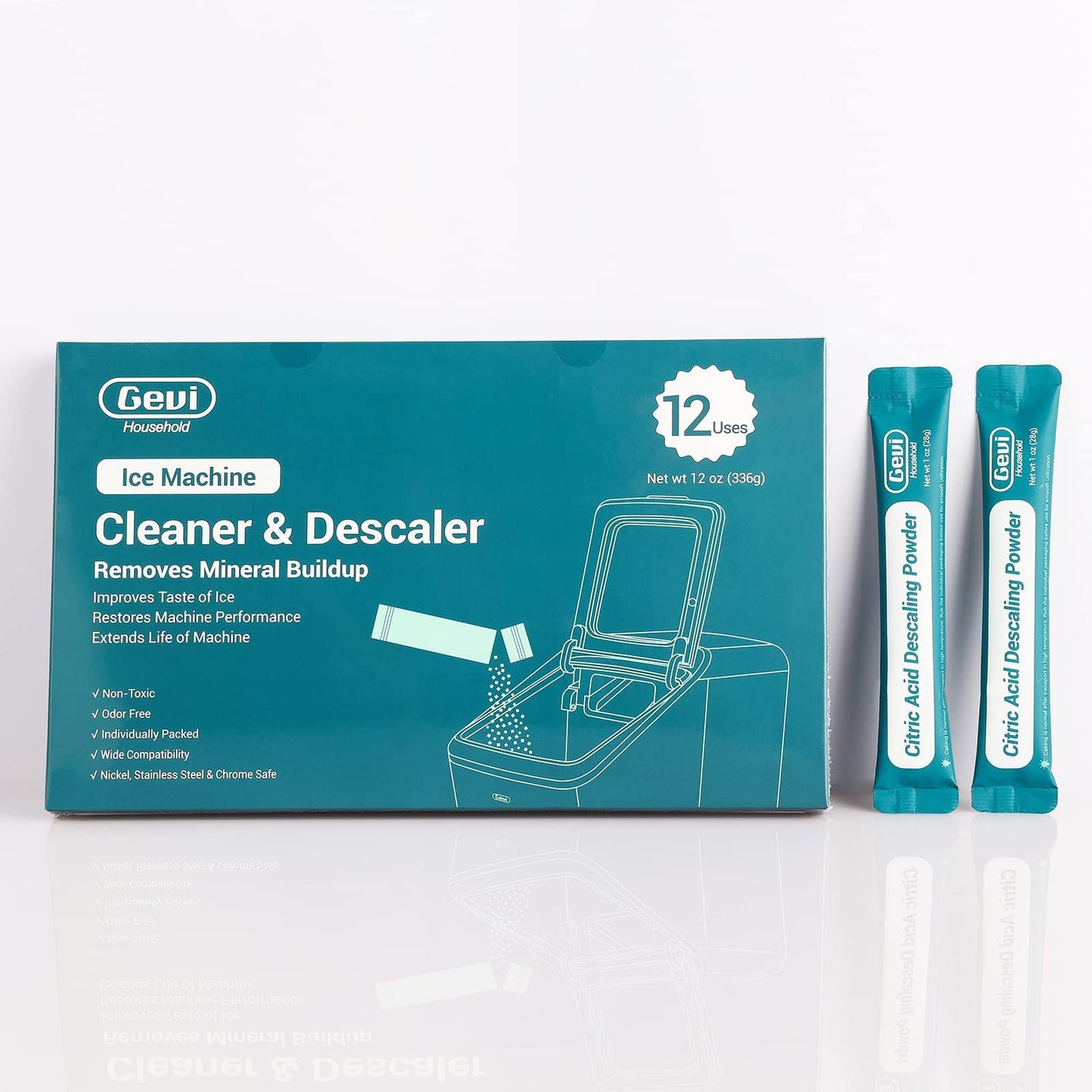 Gevi Household Ice Maker Descaling Powder | 12 Use & Individually Packed for Each Use | Organic ice maker clean Descaler Compatible with All Major