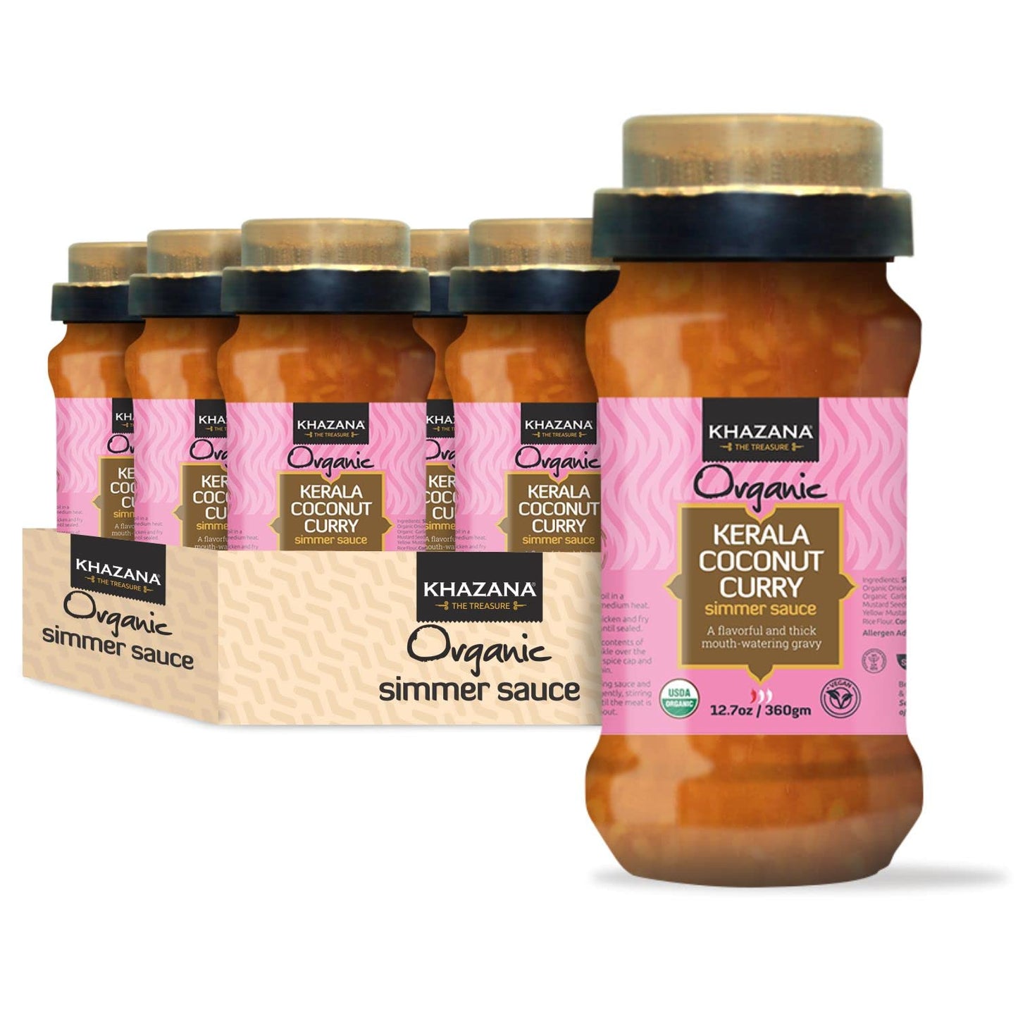 Khazana ORGANIC Kerala Coconut Curry Indian Simmer Sauce - 6 x 12.7oz Jars | Non-GMO, Vegan, Gluten Free, Kosher | Authentic Indian Meals Made Easy at