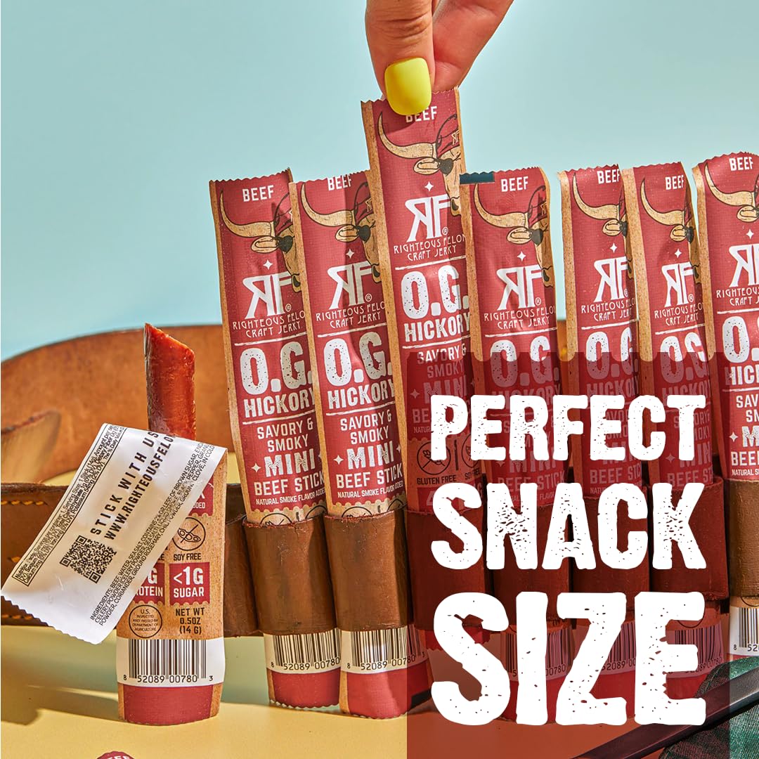 Righteous Felon Mini Meat Sticks | 100% Grass-Fed Beef Sticks | Keto, Gluten Free, Low Sugar, High Protein Snacks | Healthy Meat Snacks for Kids
