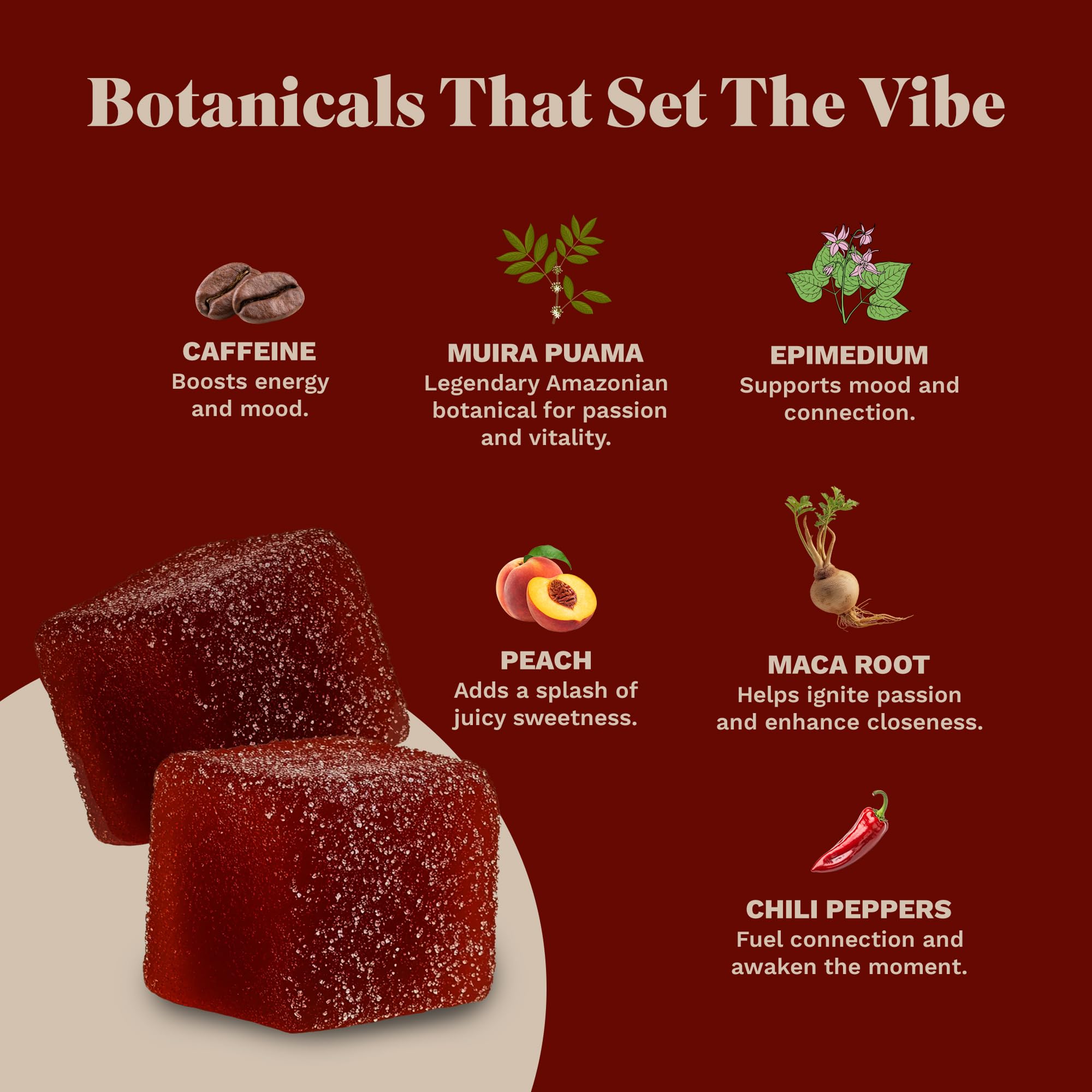 Spicy Cubes Hot Peach Gummies - Sweet & Spicy Chili Sugar Coating - Maca Root & Muira Puama for Energy, Mood & Vitality - Fun Treat for Couples