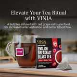 VINIA English Breakfast Black Tea Bags, Made with Organic Tea, Infused with Piceid Resveratrol for Heart Health, Nitric Oxide, Physical Energy