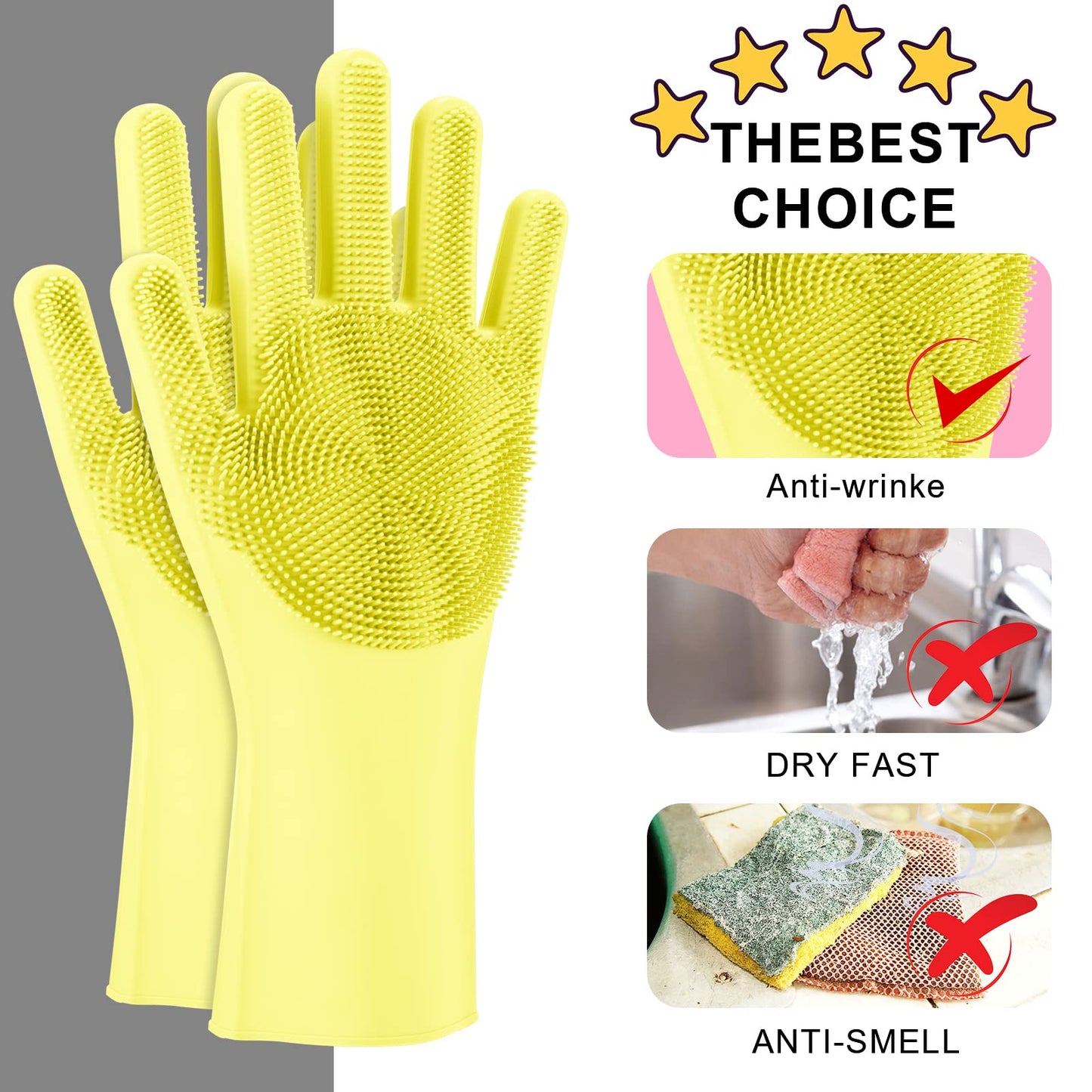 Silicone Dishwashing Scrubber Glove Brush - Reusable Rubber Kitchen Gloves for Housework, Car, Bathroom, Clothes, Pet (Yellow)