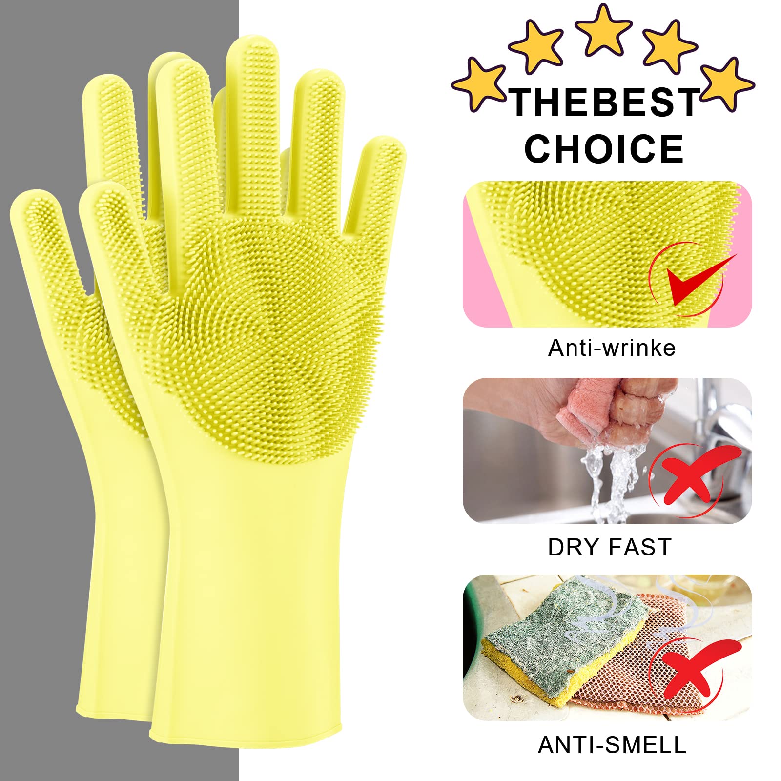 Silicone Dishwashing Scrubber Glove Brush - Reusable Rubber Kitchen Gloves for Housework, Car, Bathroom, Clothes, Pet (Yellow)
