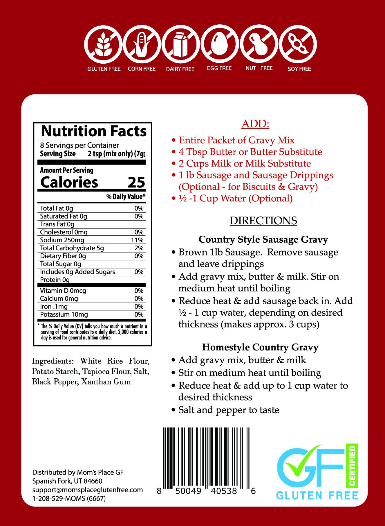 Mom's Place Gluten-Free Country Gravy Mix - Dairy, Corn, Nut & Soy Free, Easy to Make, 2.0 oz