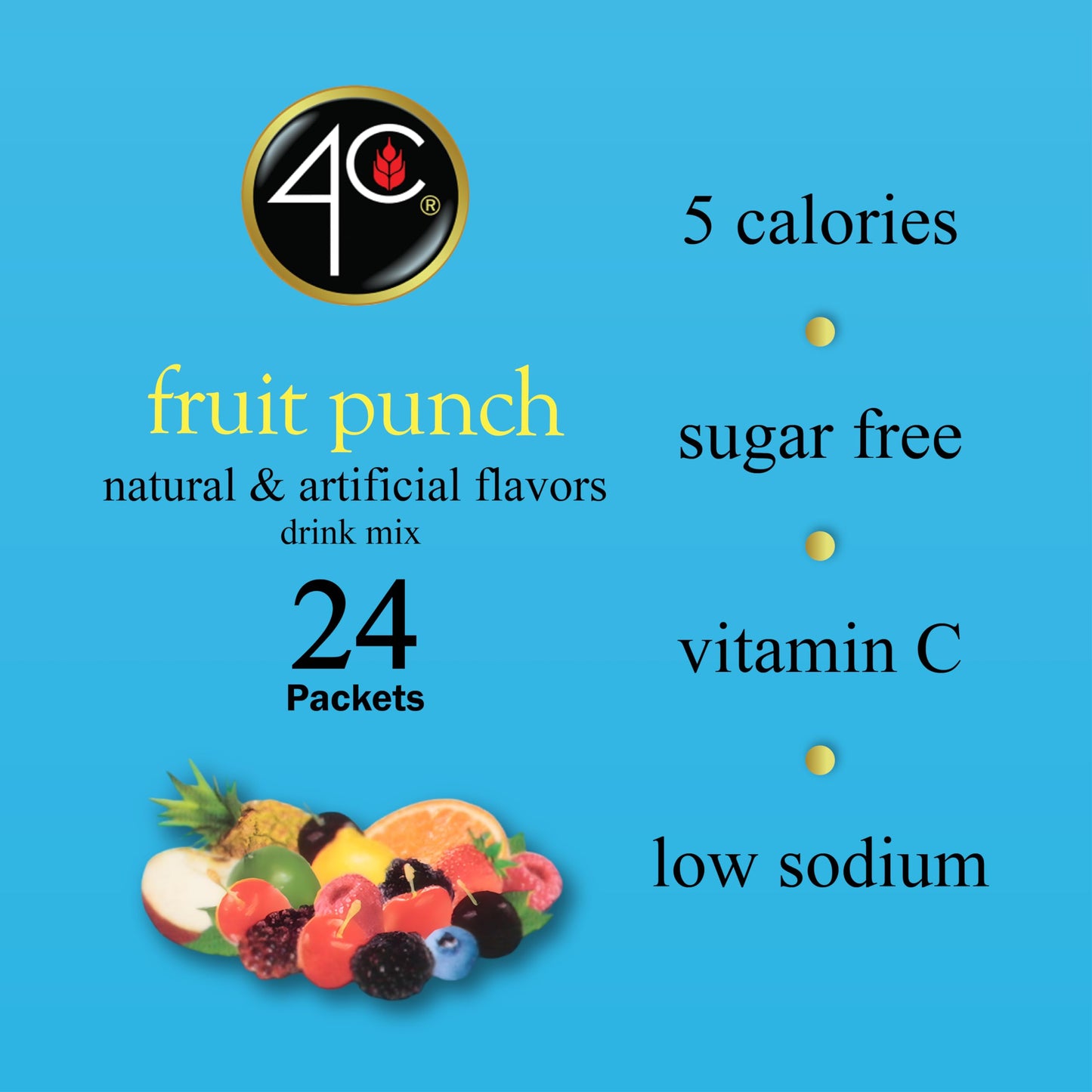 4C Powder Drink Mix Packets, Fruit Punch 1 Pack, 24 Count, Singles Stix On the Go, Refreshing Sugar Free Water Flavorings