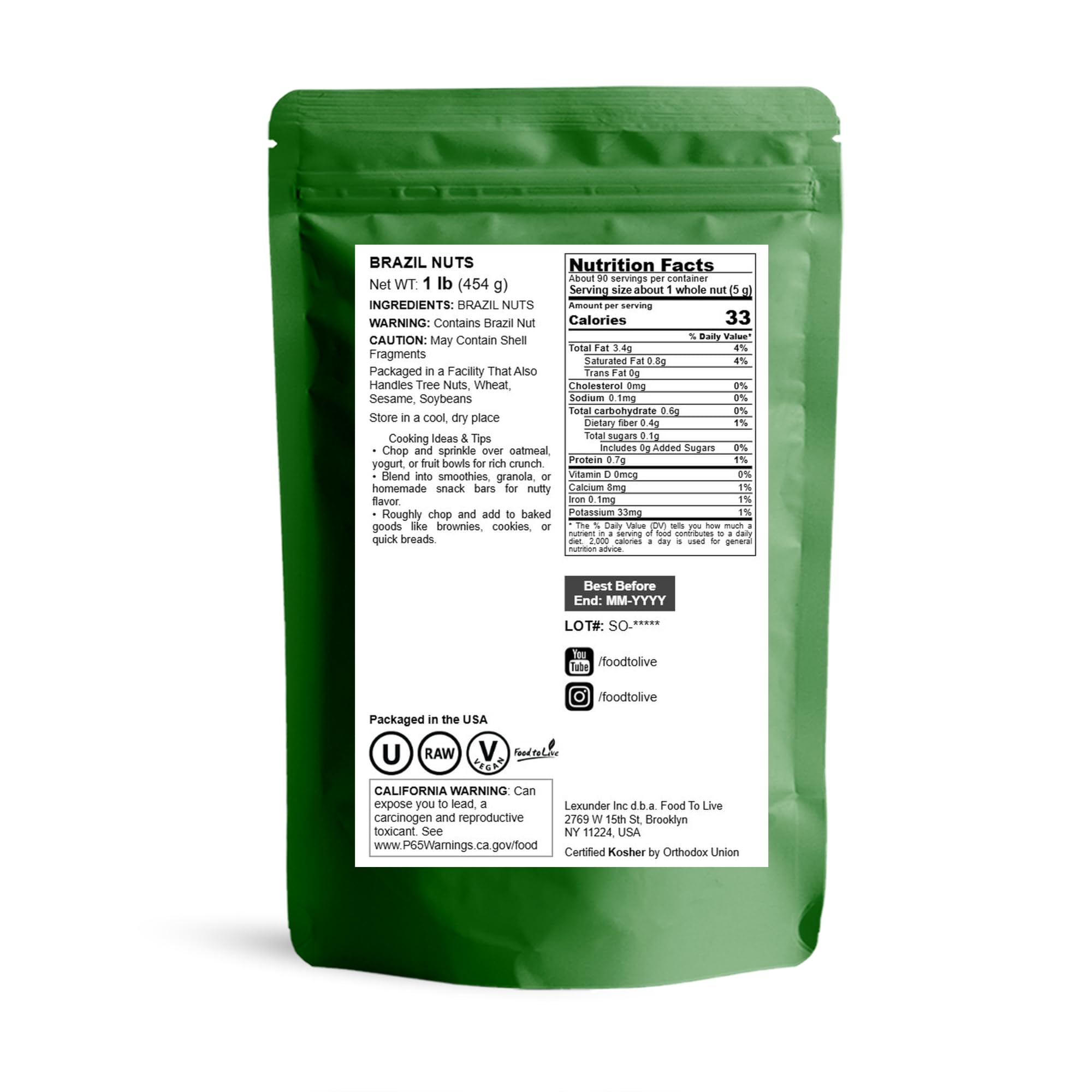 Food to Live - Raw Brazil Nuts, 1 Pound, Raw, Whole, No Shell, Unsalted, Kosher, Vegan, Keto and Paleo Friendly, Bulk, Good Source of Selenium, Low