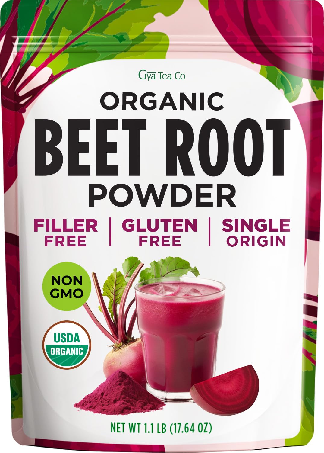 Gya Tea Co Organic Beet Root Powder 1.1 lb (17.64 oz) for Smoothies, Baking & Juice - Raw Beetroot Superfood & Natural Red Food Coloring for Energy