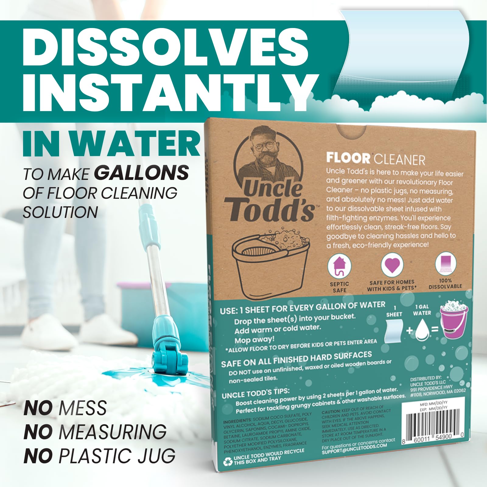 Uncle Todd's Ultra Concentrated Floor Cleaner For Mopping: 30 Natural, 100% Dissolvable Sheets for Mopping - Hardwood & Wood Floor Cleaner