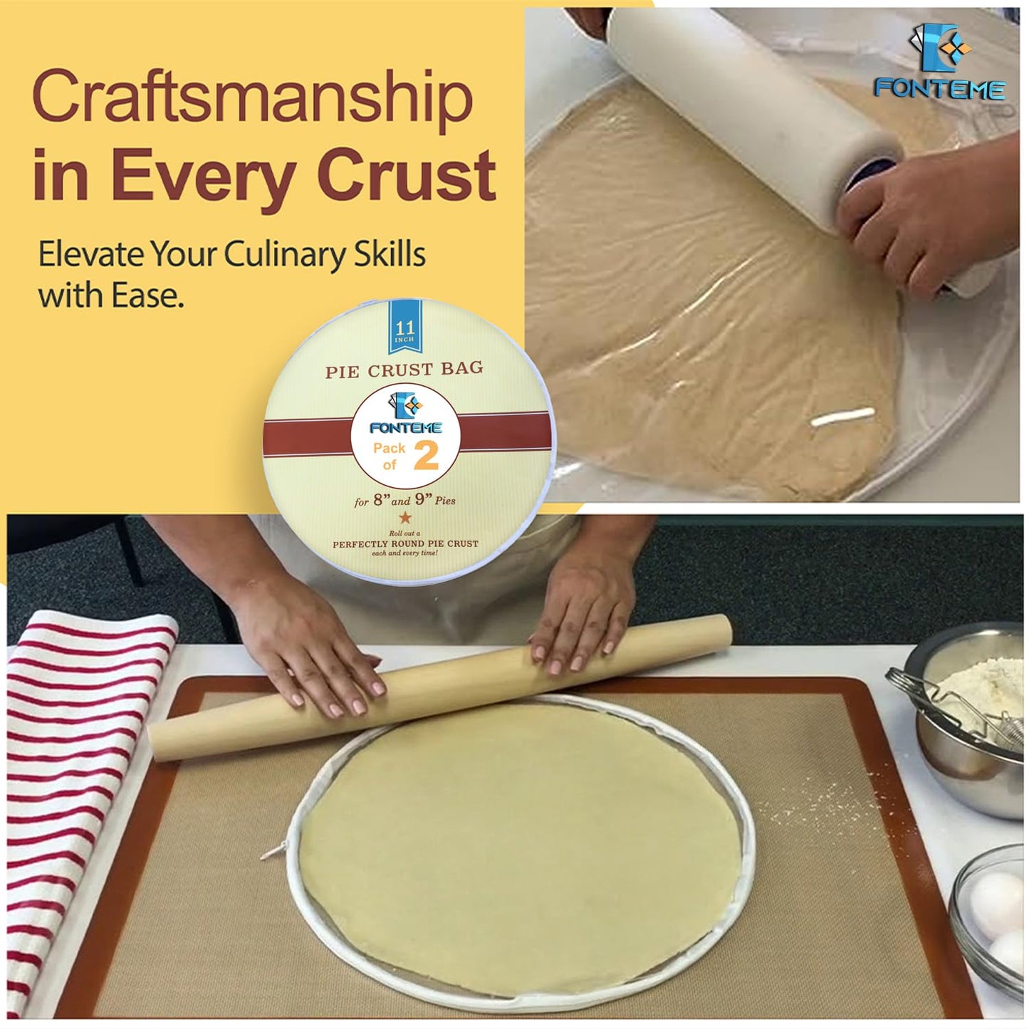 Fonteme Plastic Pie Crust Dough Rolling Bag - Set of 2 (11") | Non-Stick Mess Free Pie Crust Dough Shaper, Cookie, Pastry, Pizza, and Pasta Doug