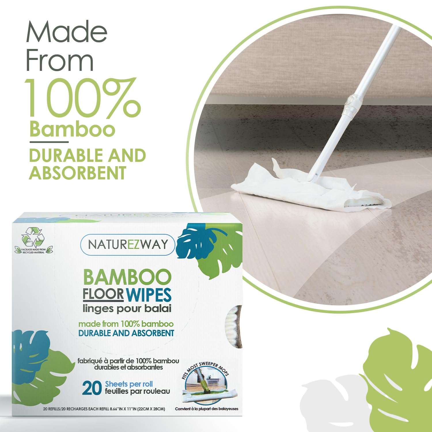 NatureZway Bamboo Floor Wipes|20 Wipes|Natural Bamboo Rayon|Soft and Durable|Works on Wood,Laminate,Tile|Compatible with Most Floor Cleaning