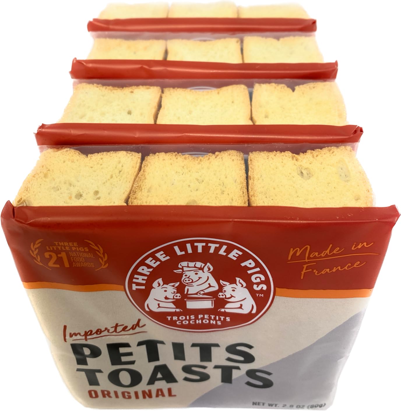 Three Little Pigs Imported Petit Toast. Light And Crispy Original Toasted Wheat Bread Cracker 4-2.8oz PACK Bundle With Kokobunch Kit.