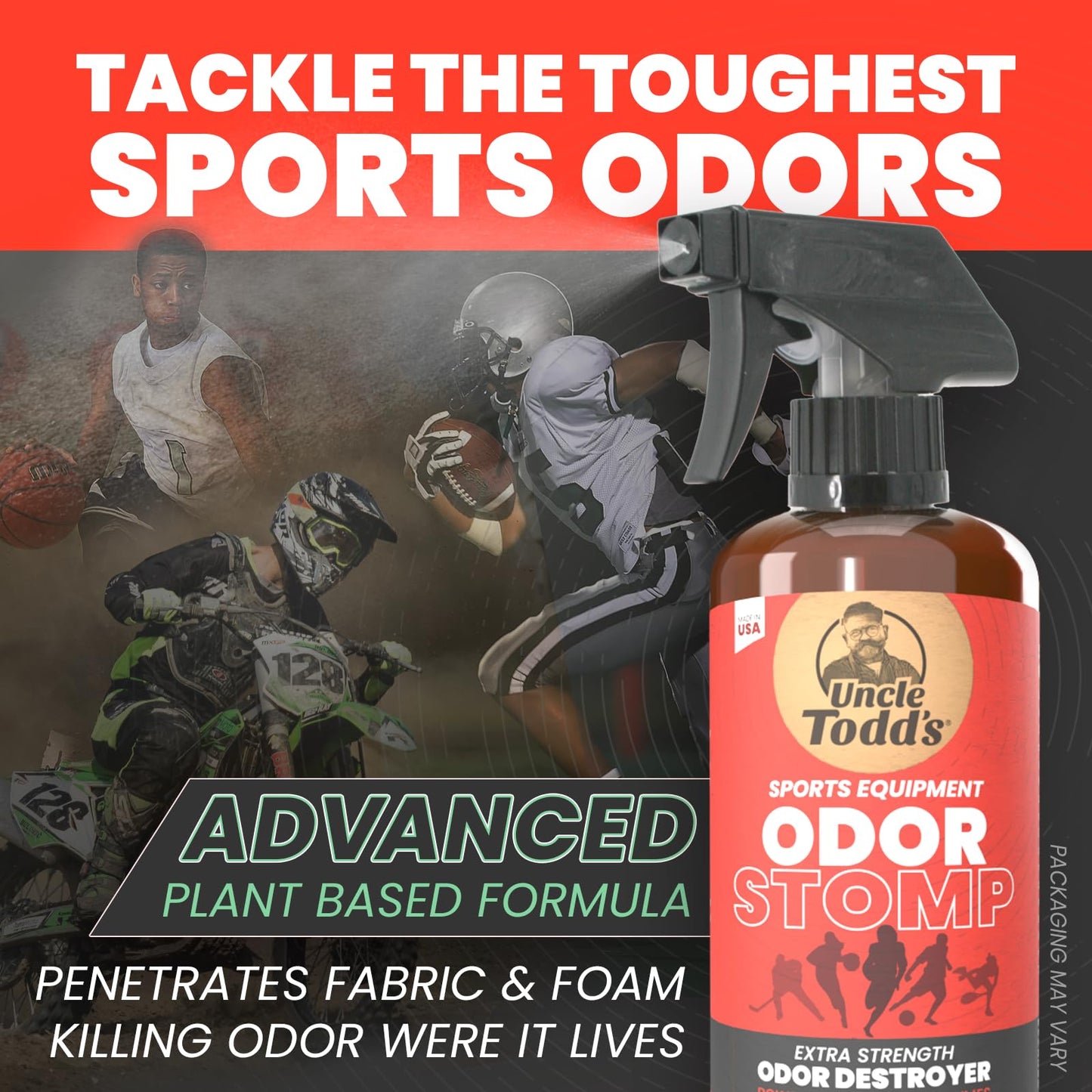 Uncle Todd’s Odor Stomp Sports Equipment Odor Eliminator Spray - Extra Strength Enzyme-Powered Deodorizer for Football, Hockey, Gym Bags, and Athletic