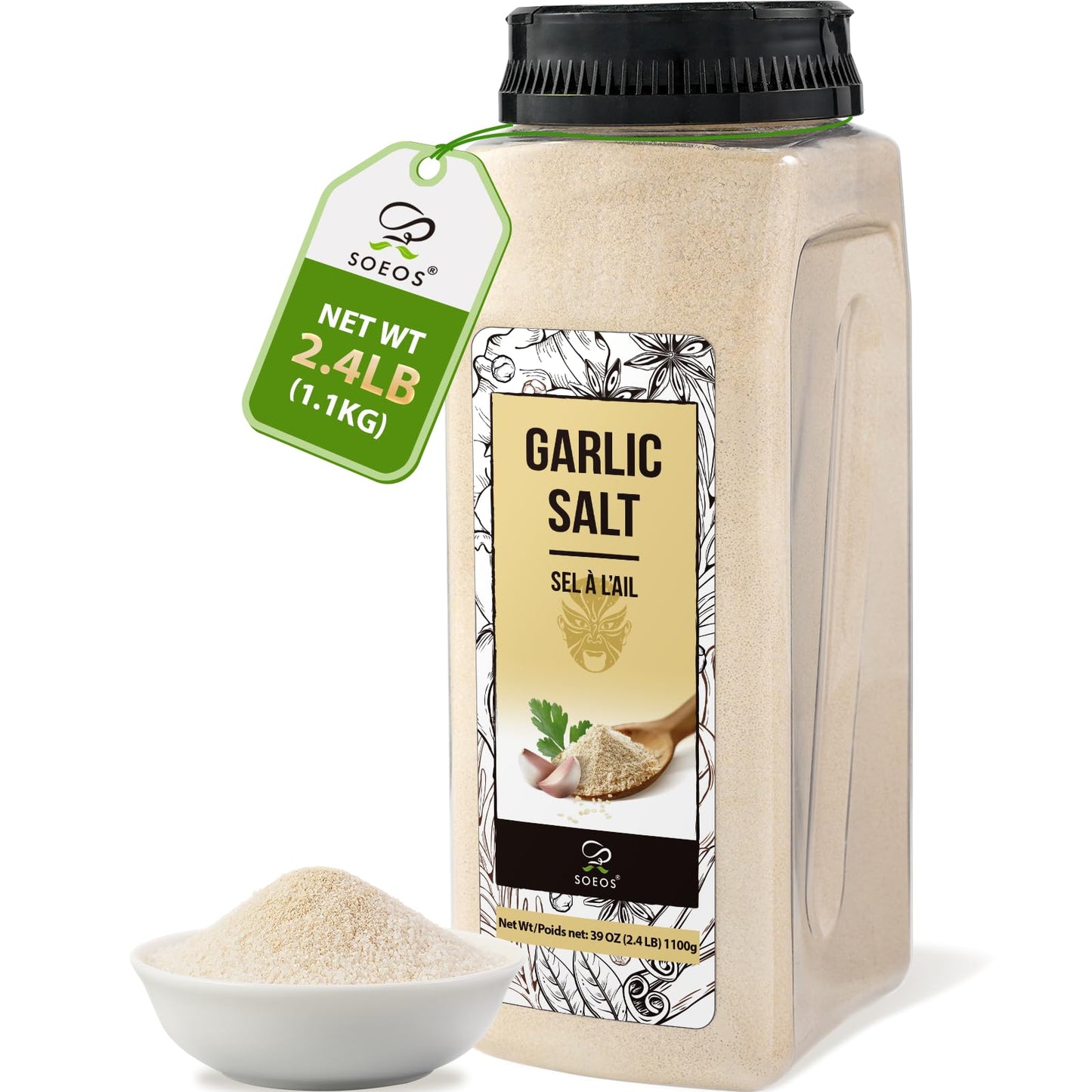 Soeos Garlic Salt 38.8 Ounce(1.1 kg), Bulk Garlic Salt Seasoning, Non GMO, Ideal for Adding Flavor to Soups, Breads, Vegetables, Meats and More