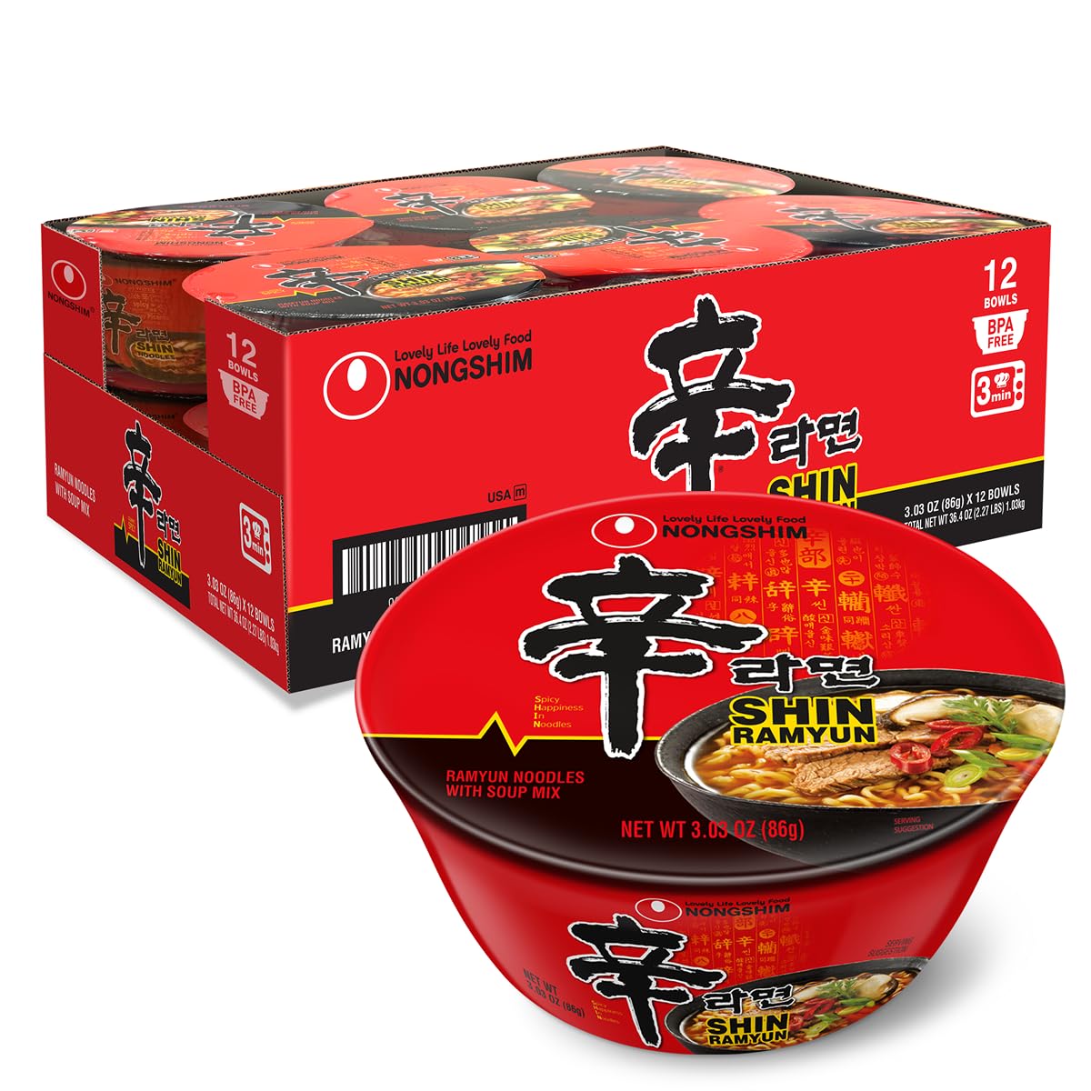 Nongshim Shin Ramyun Bowl Noodles, Spicy Korean Signature Instant Ramyun, Rich Beef Flavored Broth, Quick and Easy, Microwaveable Bowl, 3.03 oz (Pack