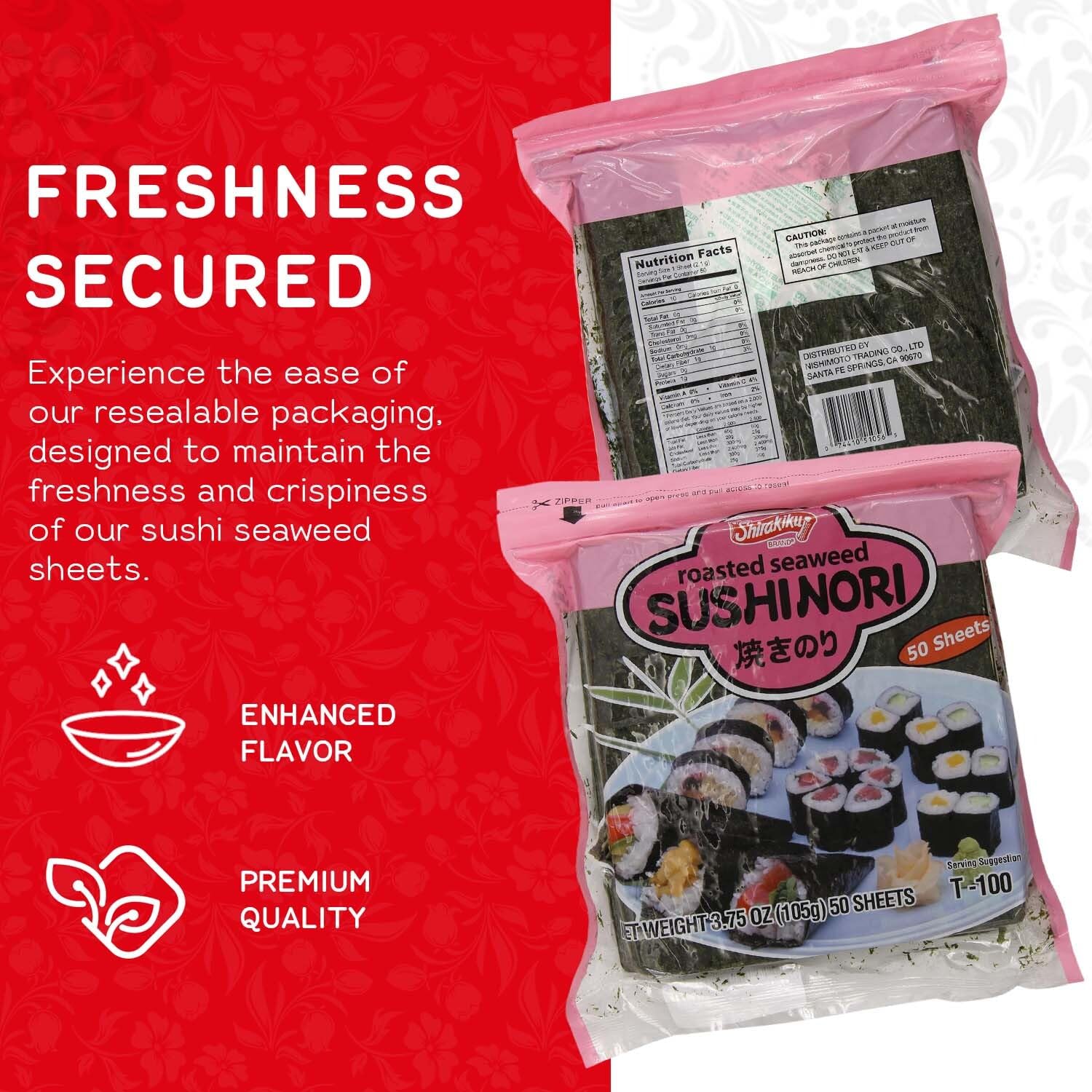 "Shirakiku Sushi Nori Seaweed - Japanese Sushi Nori Roasted Seaweed Sheets for Sushi Rolls | Perfect for Soups, Tofu, and Salads | Pack of 1 Contains