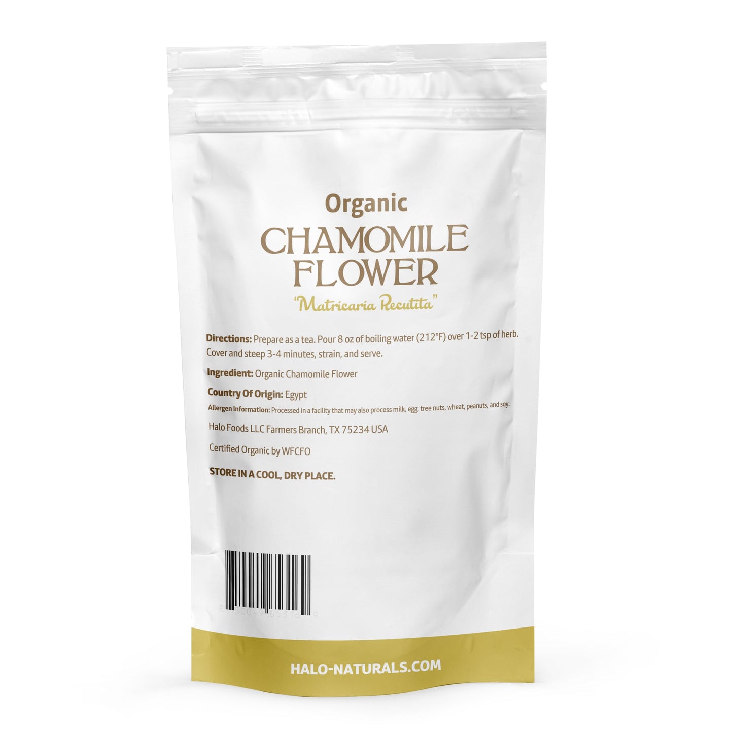 Halo Naturals Organic Chamomile Flower Whole Tea, 4 Ounces (Matricaria recutita) USDA Certified | Resealable Pouch| Packaged in The USA (Pack of 1)
