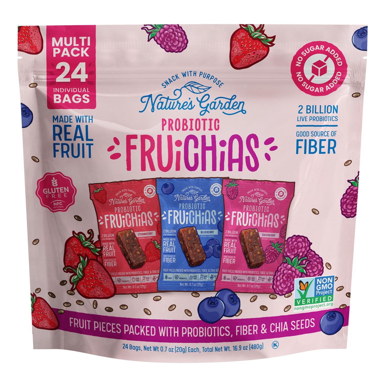 Nature's Garden Probiotic Fruichias Variety Pack - 24 Pack x 0.7oz, Probiotic Fruit Snack with Chia Seeds, Strawberry, Blueberry, Raspberry , No Sugar