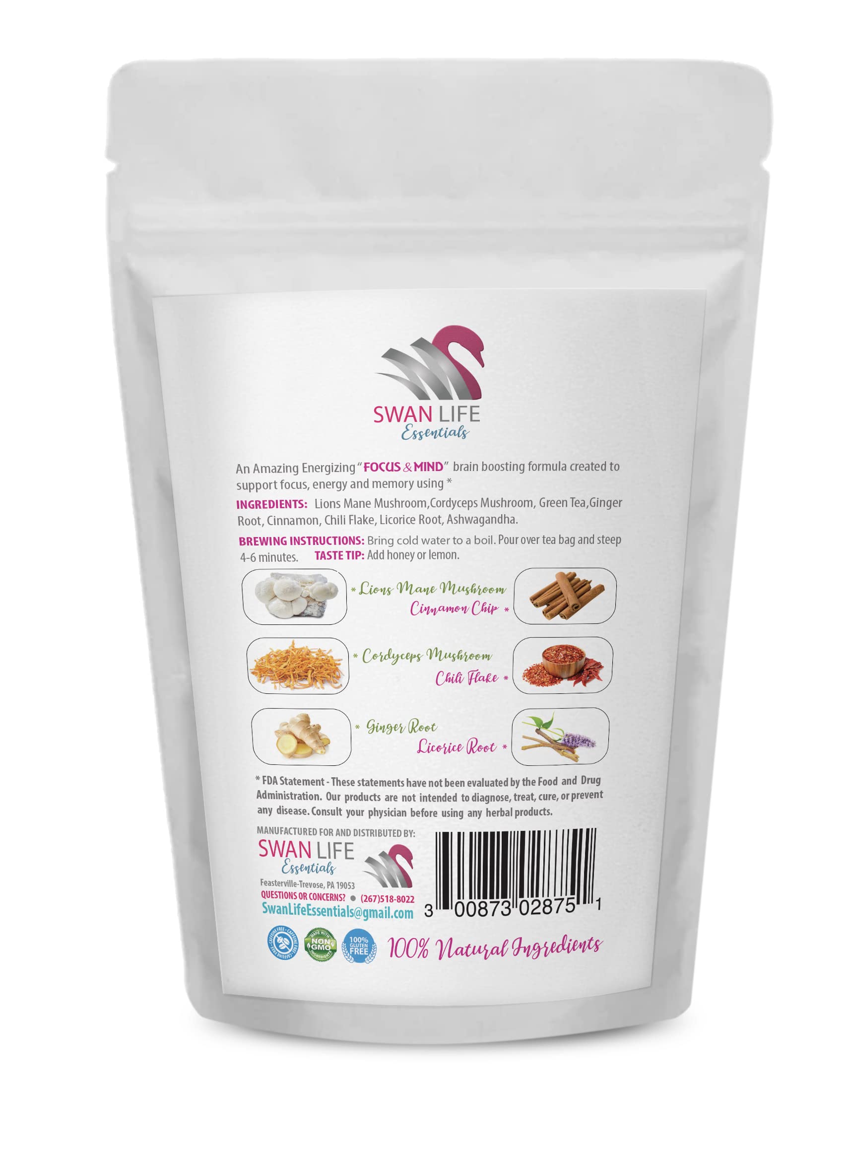 ginger tea with vitamin c - FOCUS & MIND TEA HERBAL 14 days, non gmo, gluten free with lion mane amd cordyceps mushroom, licorice root - ashwagandha