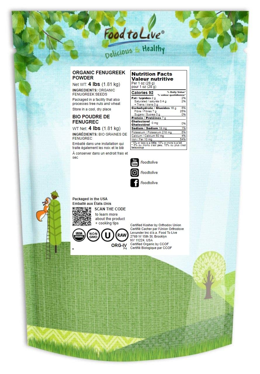 Food to Live - Organic Fenugreek Powder, 4 Pounds - Non-GMO, Raw, Ground Methi Seeds, Pure, Kosher, Vegan Superfood, Bulk, Great for Cooking, Drinks