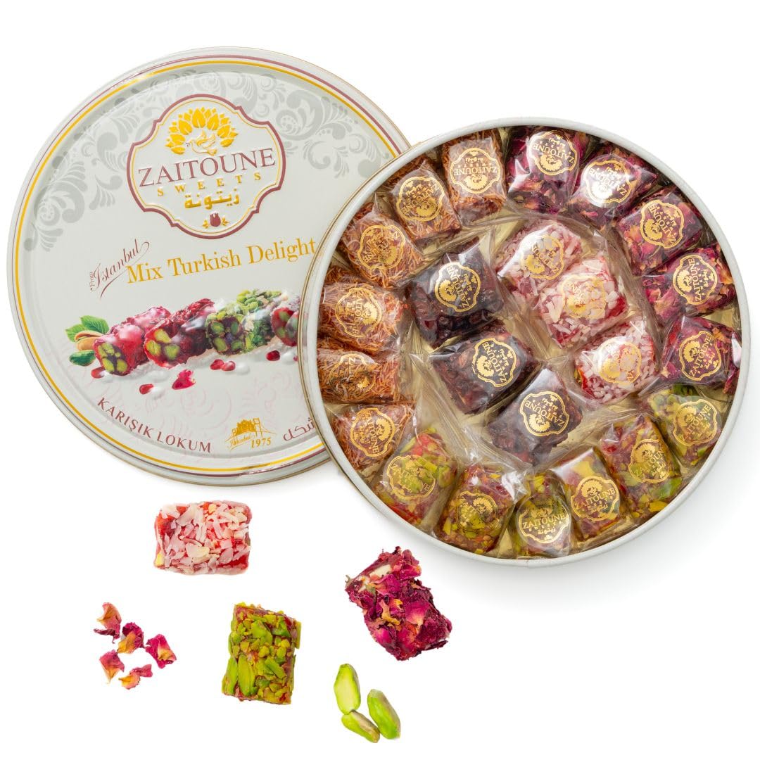 Zaitoune Turkish Delight Mix - 9 oz | Luxury Coatings of Pomegranate, Pistachio, Coconut, Kataifi & Rose | Authentic Lokum Sweet Assortment in a