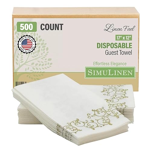 SimuLinen Gold Floral Disposable Linen Feel Bathroom Paper Towels - Soft, Cloth-Like, Single-Use, 12"x17" 500ct (Made in USA)