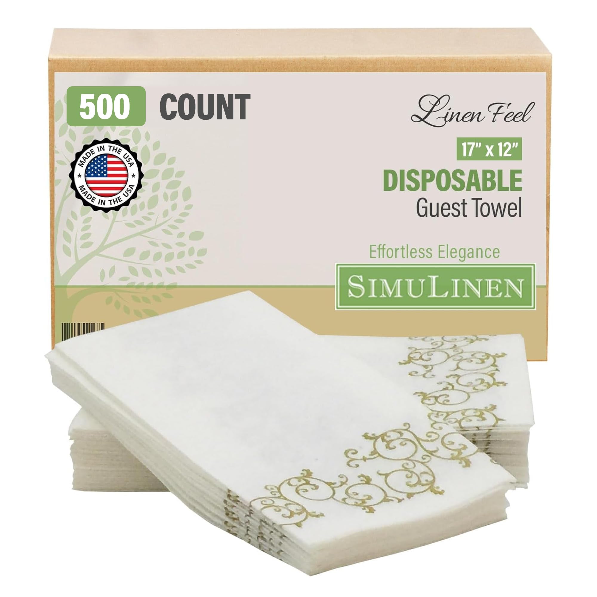 SimuLinen Gold Floral Disposable Linen Feel Bathroom Paper Towels - Soft, Cloth-Like, Single-Use, 12"x17" 500ct (Made in USA)