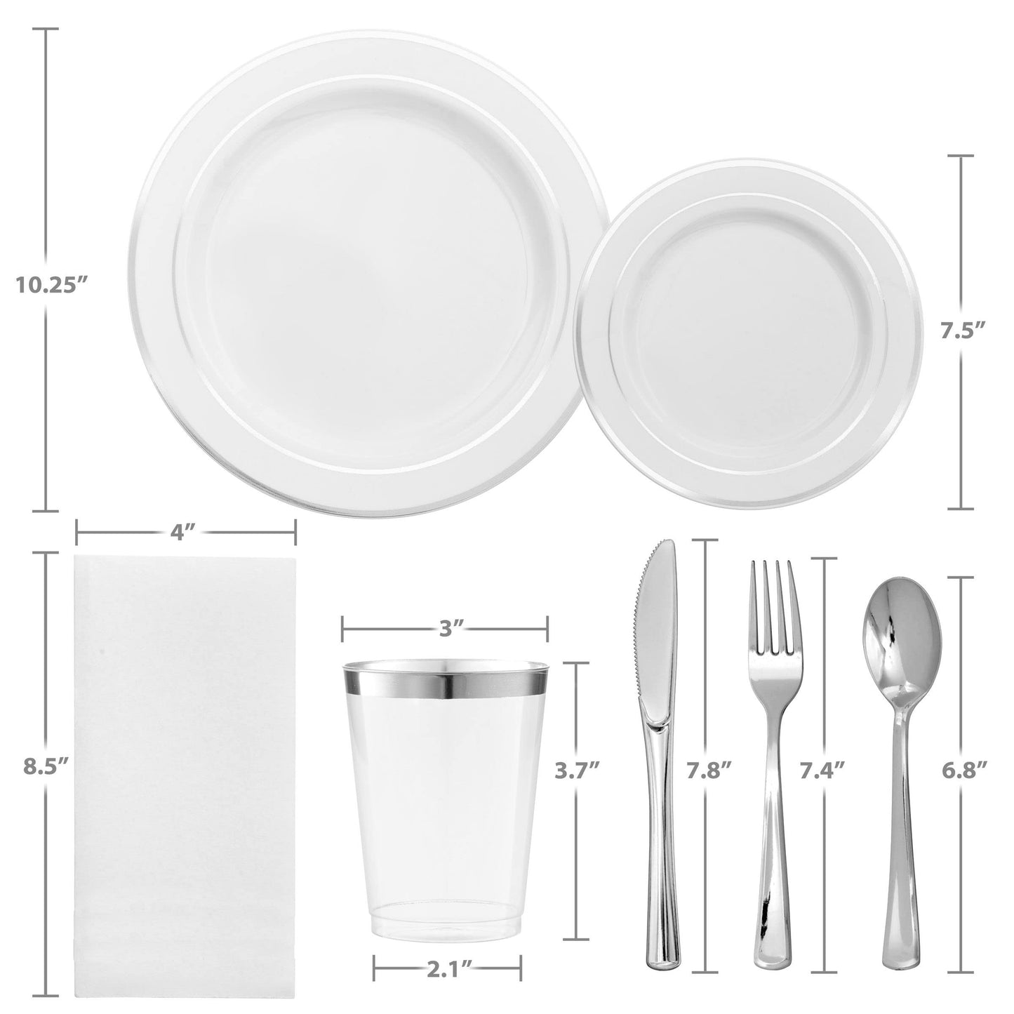 Silver Disposable Plates Set For 50 Guest - 450 Piece Silver Plastic Dinnerware Set - 100 Silver Rimmed Plastic Plates, 50 Silver Rimmed Plastic Cups