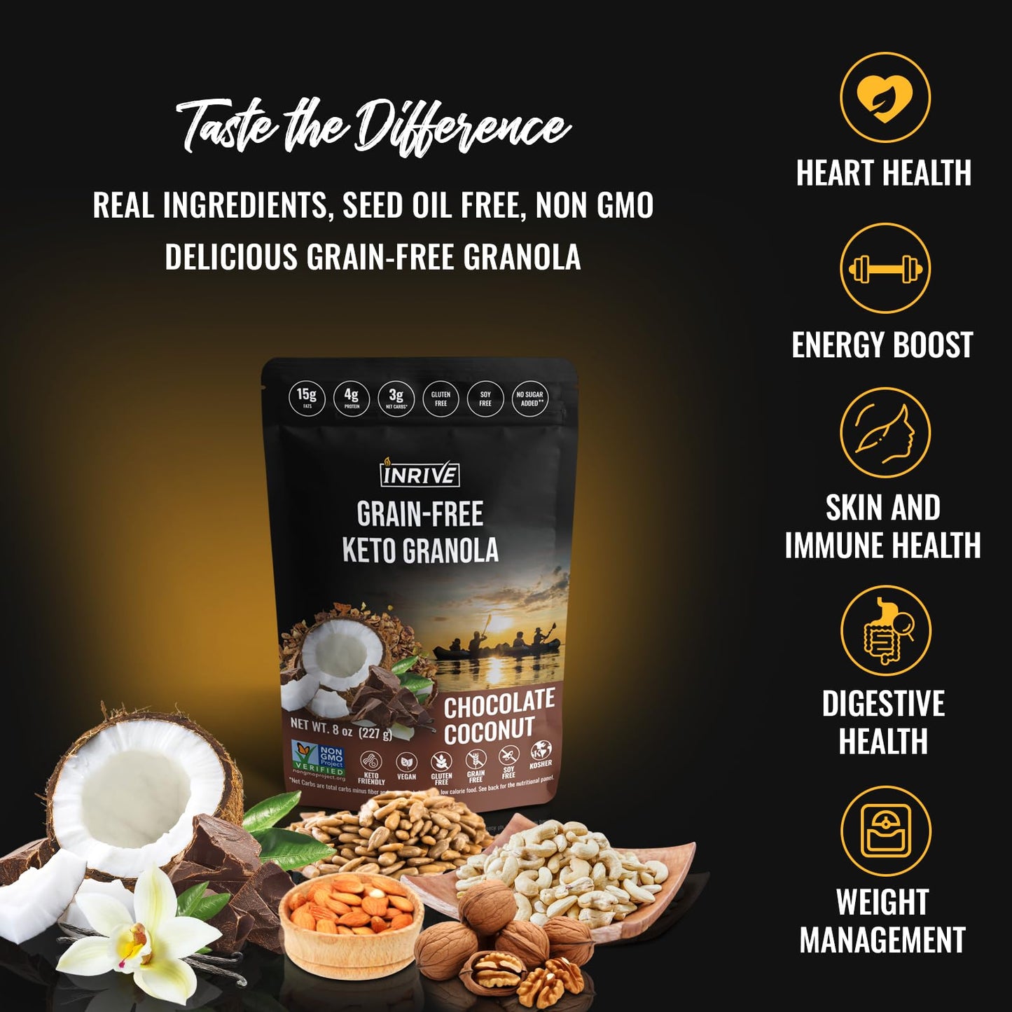 Inrive Keto Grain Free, Gluten Free Granola (Chocolate Coconut), Non GMO, No Sugar Added, Soy Free, Vegan, Kosher, 1 Pack