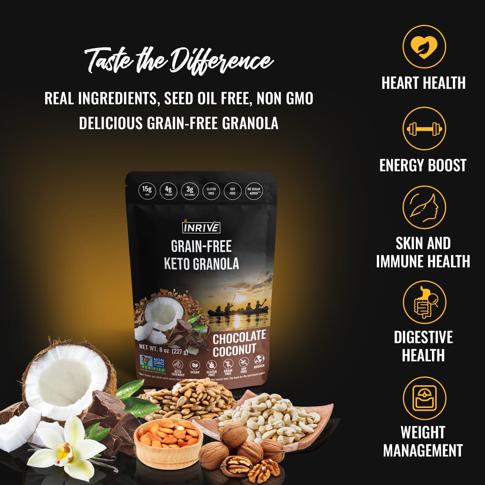 Inrive Keto Grain Free, Gluten Free Granola (Chocolate Coconut), Non GMO, No Sugar Added, Soy Free, Vegan, Kosher, 1 Pack