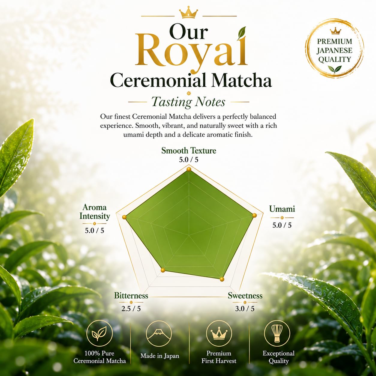 ONE WITH TEA Royal Ceremonial Matcha Powder, Japanese Green Tea, Stone-Ground, Premium Grade, Refined & Smooth Flavor, Ideal for Traditional Matcha