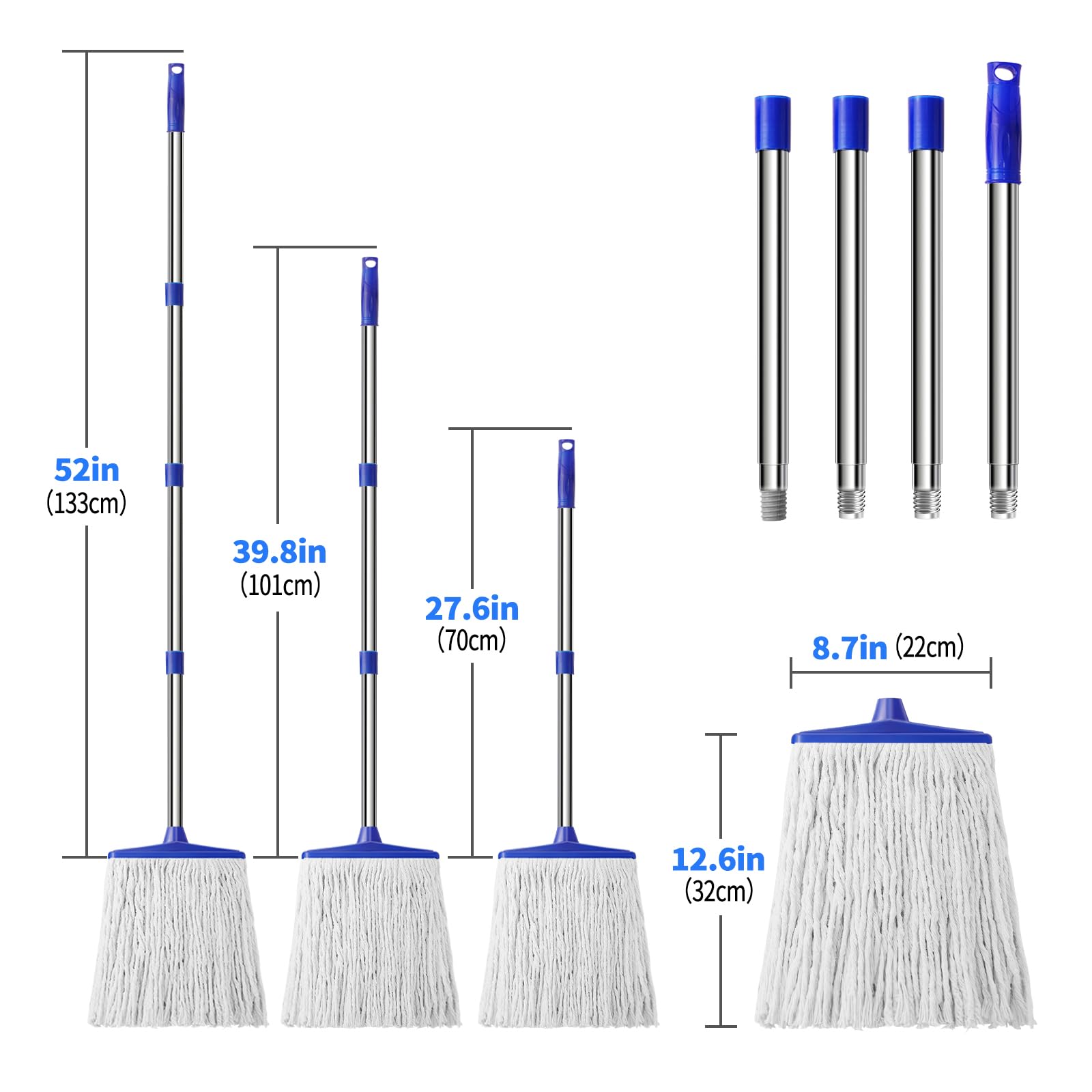 Indoor Cotton Mops for Floor Cleaning - Indoor Cleaning Mop for Wood Floors, Tile, Hardwood Floor, 52" Adjustable Stainless Steel Handle Mops to Clean