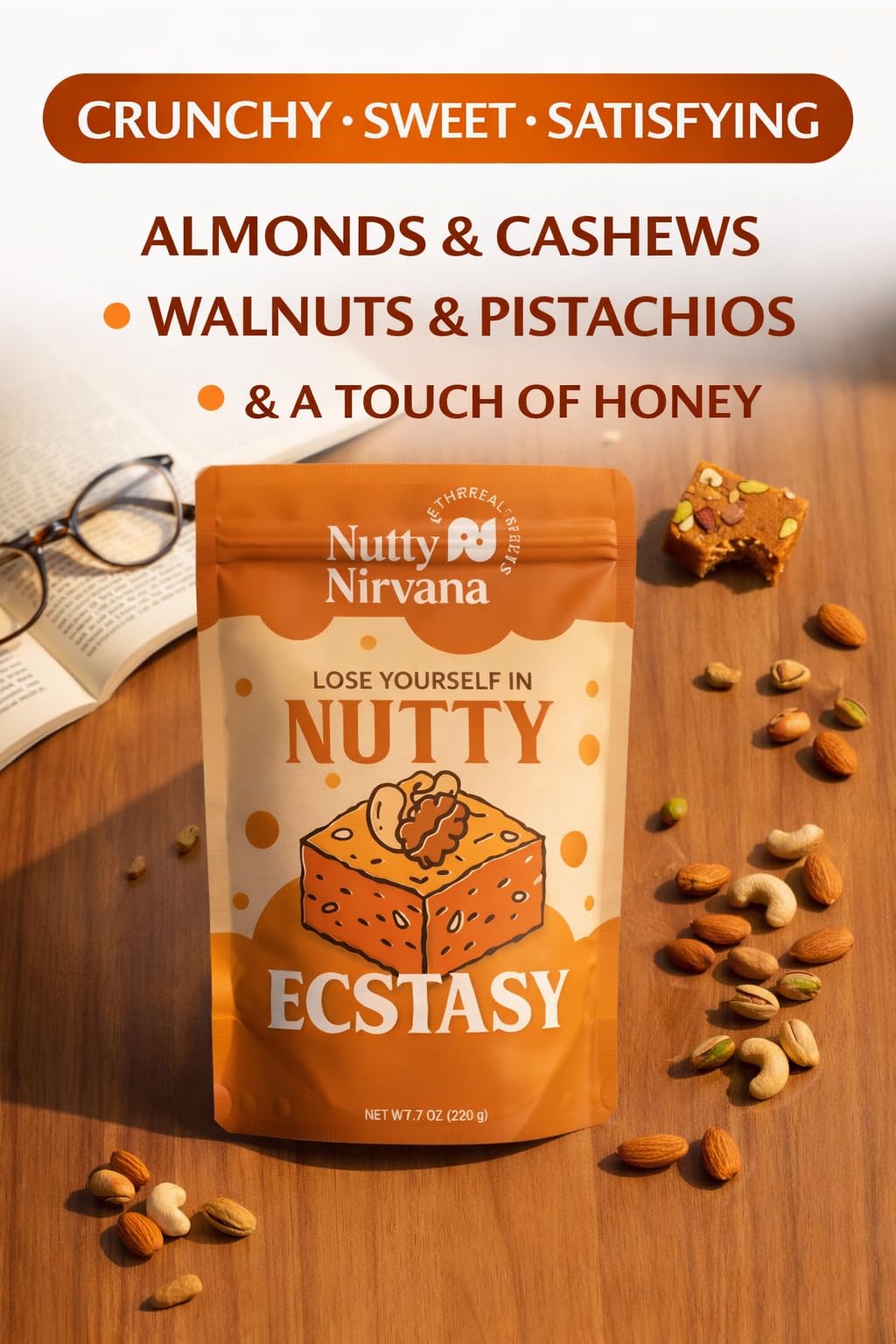 Nutty Nirvana Nut Dessert 220g - Premium Mixed Nut, Sweet Gift Box, Handmade Gourmet Sweets with Pistachio Almond Walnut, Snack, Artisan Fudge Treat