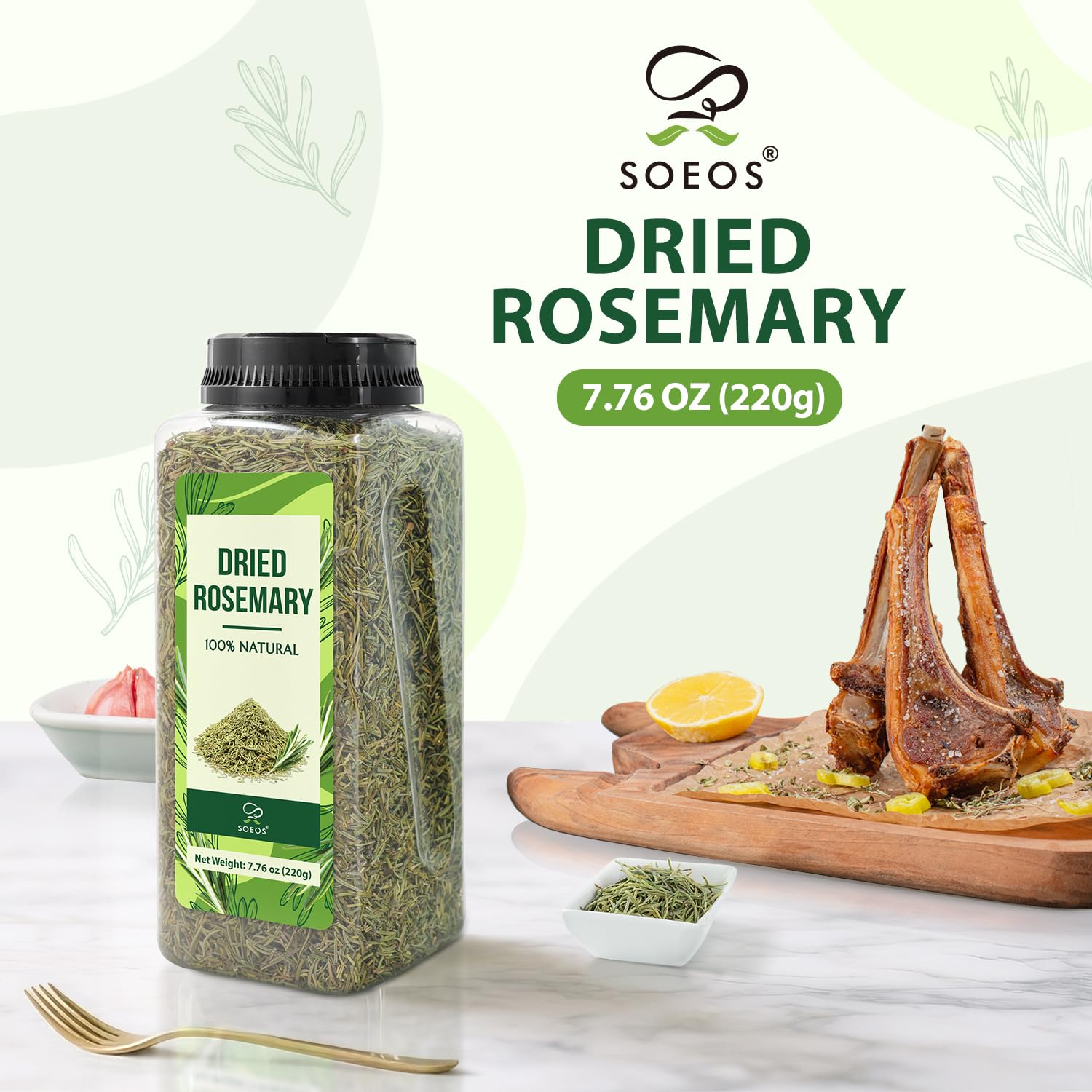 Soeos Dried Rosemary Leaves, 7.76 oz (220g), Whole Rosemary for Cooking, Seasoning, Baking, Roasting, Marinades and Tea, Premium Quality, All Natural