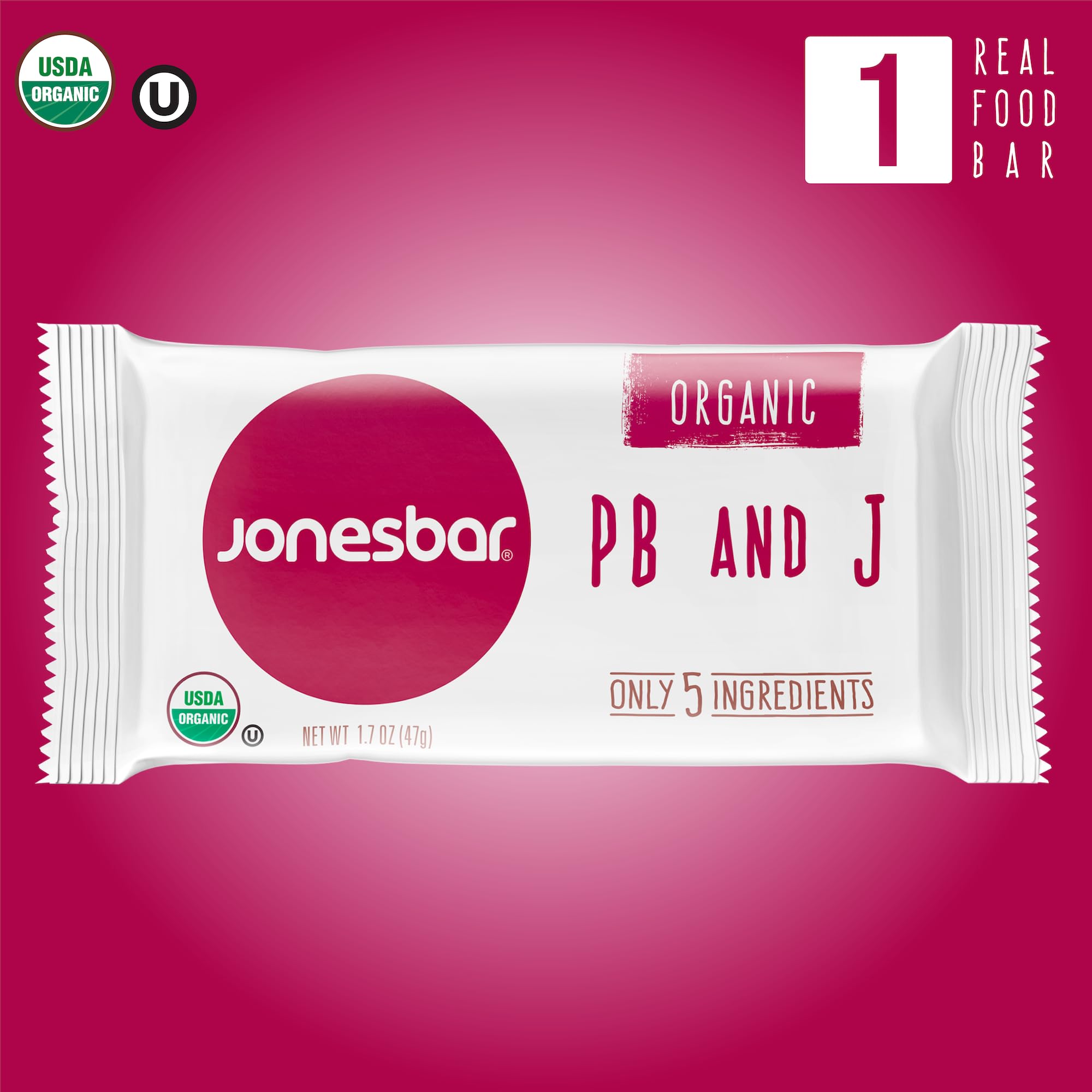 JONESBAR USDA Organic Fruit & Nut Bar, Non-GMO, Kosher, Vegan, Gluten Free, Simple Snack (Peanut Butter and Jelly, 1 Bar (Pack of 1))