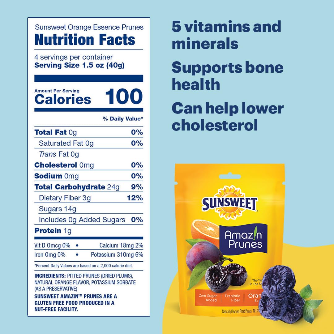 Sunsweet Amazin' Prunes Orange Essence - Prunes Pitted Unsweetened & Dried - Gluten Free, Vegan, Low Fat - Fiber & Minerals - 6 oz pouch - 6 Pack