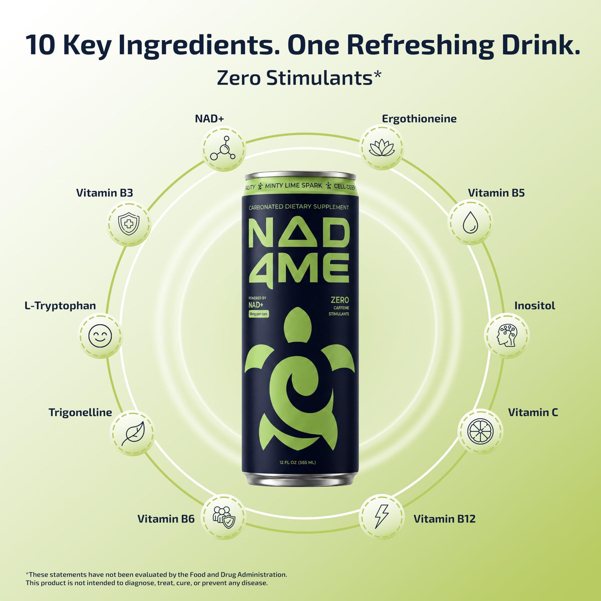 NAD4Me Minty Lime Cellular Energy Drink, Sparkling, Zero Caffeine, 4-Pack