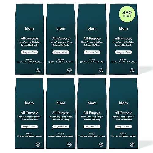 Biom All-Purpose Cleaning Wipes Refill (8pk x 60ct Each)- Fragrance Free - Biodegradable, All Natural, Plant-Based, Non-Toxic Wipes for Home & Travel