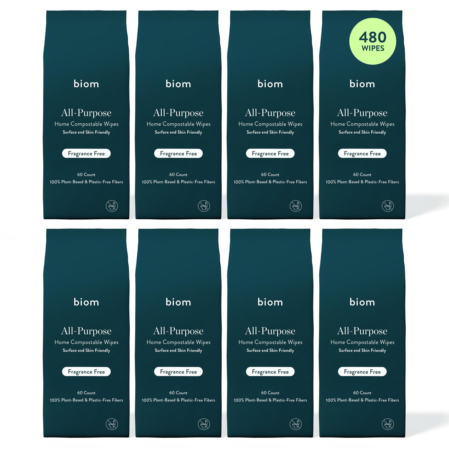 Biom All-Purpose Cleaning Wipes Refill (8pk x 60ct Each)- Fragrance Free - Biodegradable, All Natural, Plant-Based, Non-Toxic Wipes for Home & Travel