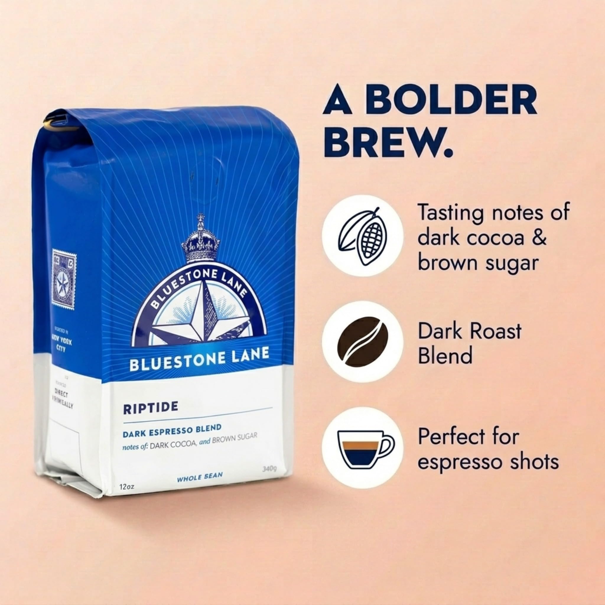 Bluestone Lane Coffee Beans, Riptide Espresso, Dark Roast, Whole Bean, 12 Ounce Bag
