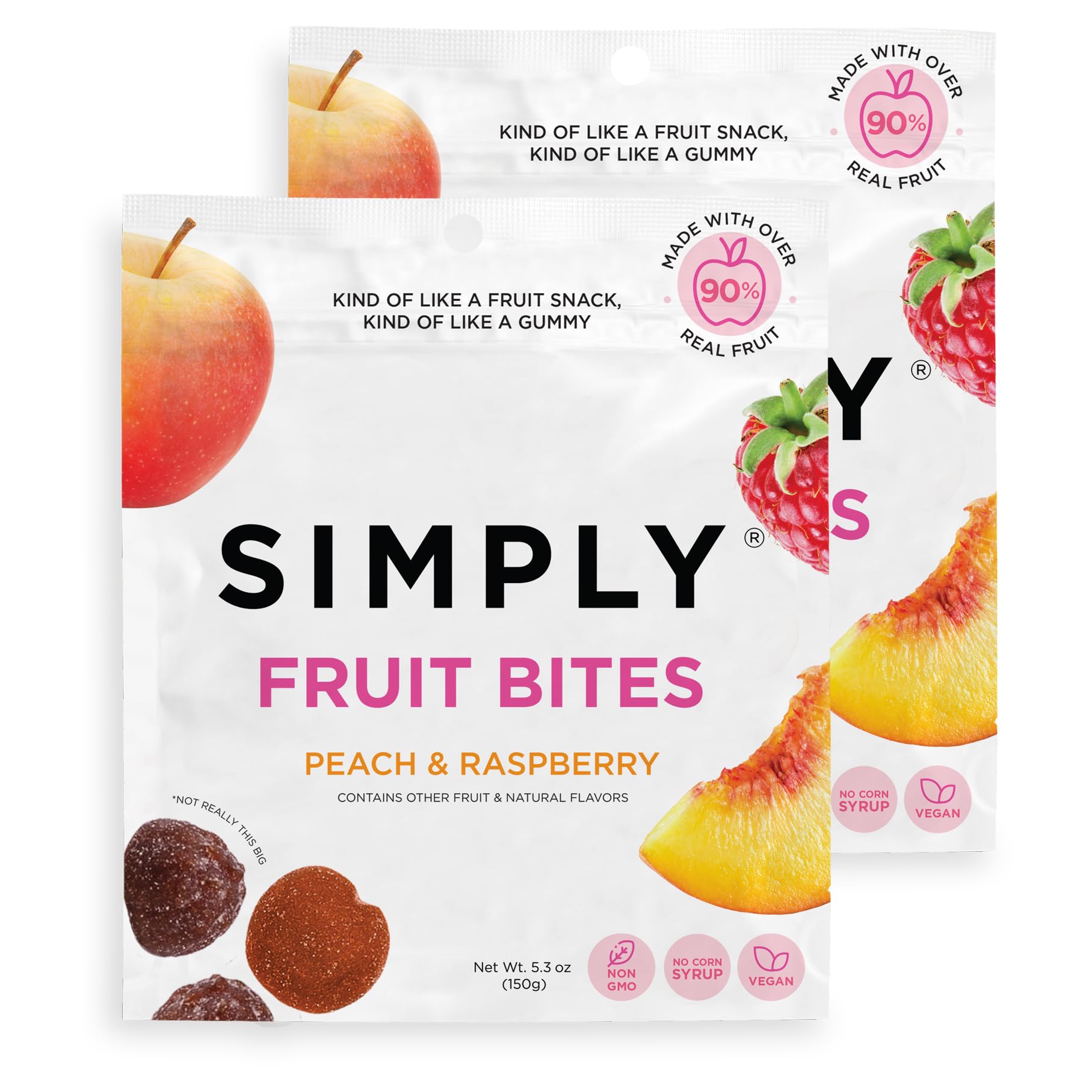 SIMPLY Fruit Bites (Really Real Gummies) | Made with Real Fruit | Peach and Raspberry | 5.3 oz (Pack of 2) | No Cane Sugar + Gluten Free + Kosher