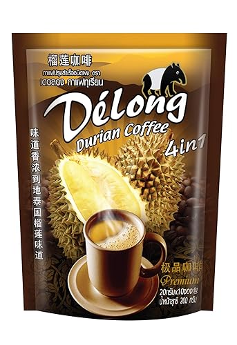 De'Long ( Delong ) 4 in 1 Premium Durian Coffee - Real Durian and Best Coffee from Thailand (20 grams x 10 sachets) Aroma Thai taste
