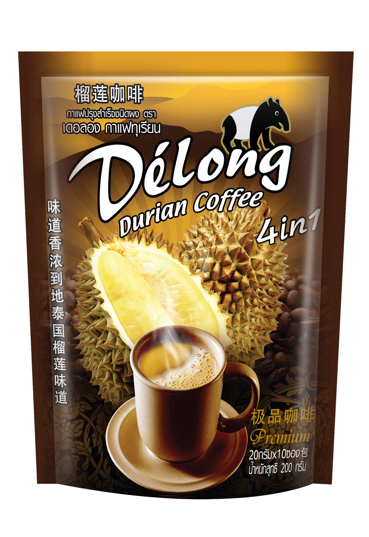 De'Long ( Delong ) 4 in 1 Premium Durian Coffee - Real Durian and Best Coffee from Thailand (20 grams x 10 sachets) Aroma Thai taste