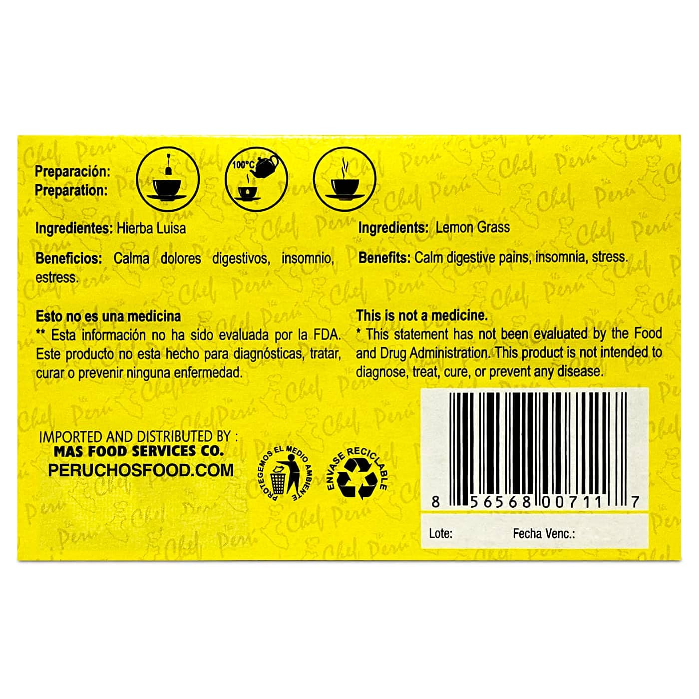 Peruchef Te Hierba Luisa 20 Sobres Filtrantes | 20 Tea Bags of Lemon Grass from Peru 3 Pack