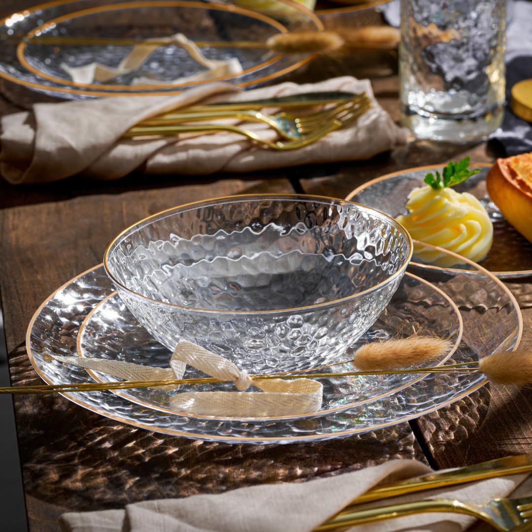 R-kay 100 Pack Clear Plastic Plates - 6.25 IN Hammered Gold Rimmed Sturdy, Durable And Extra Heavy duty Gold Plastic Dessert Plates Disposable - Ideal