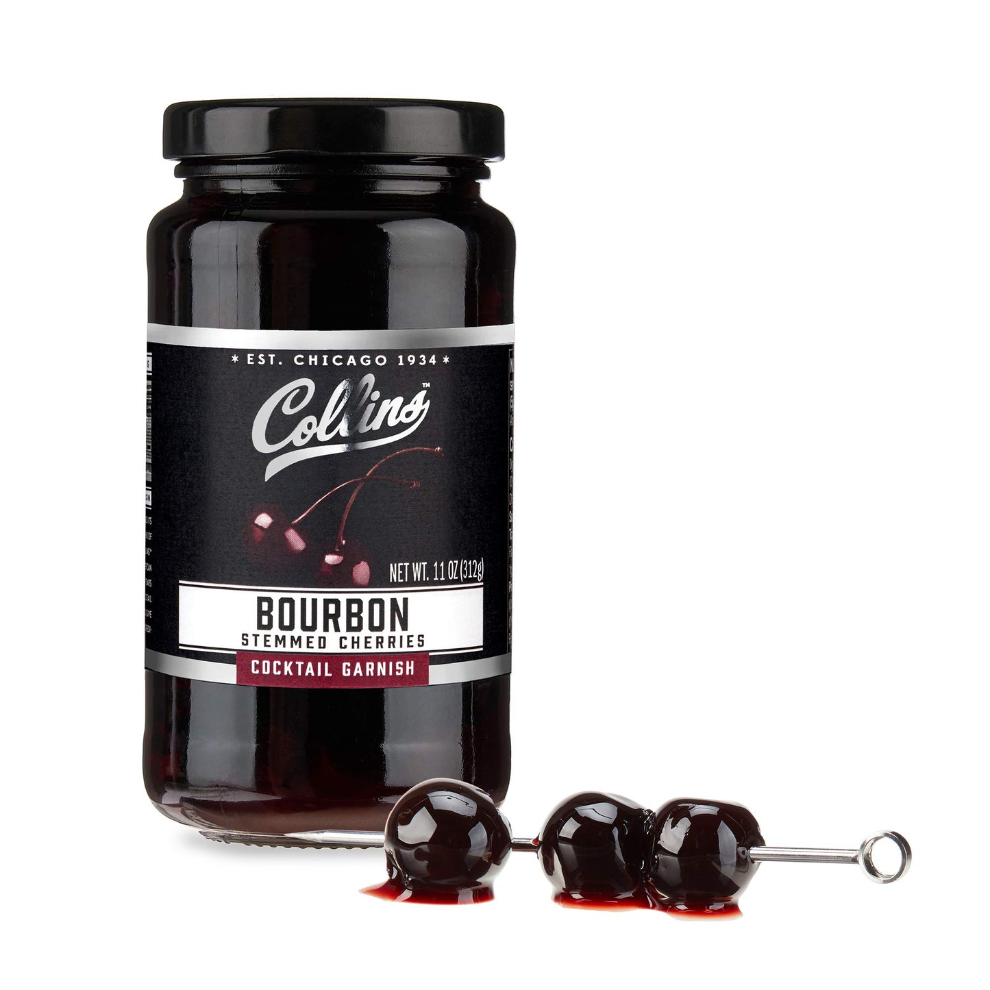 Collins Bourbon Cocktail Cherries - Drinks Garnish for Manhattan or Old Fashioned Cocktails and Desserts, Made with Award Winning Whiskey, 11 Ounce