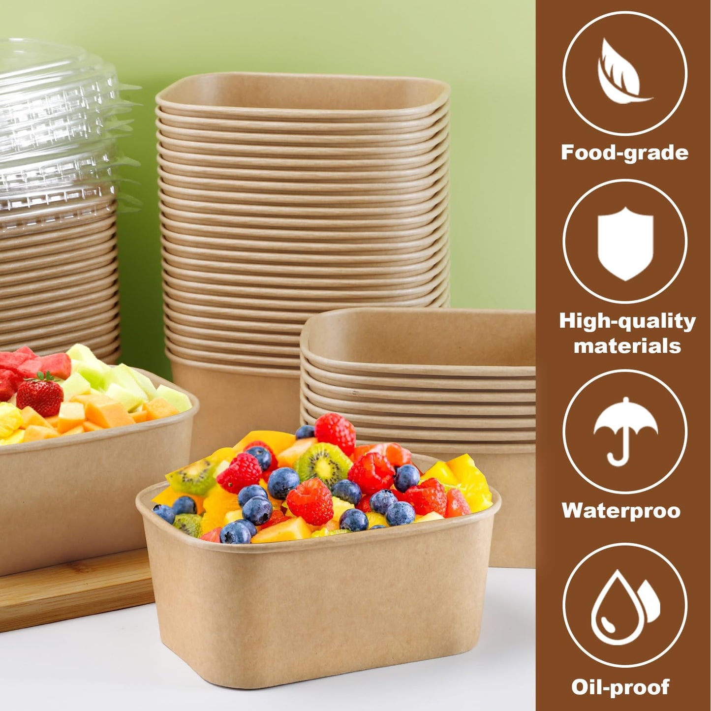 RAIHOMKIT 50 Pack Kraft Paper Bowls, 35oz Rectangular Cardboard Take Out Container with Lids, Large Cardboard Meal Prep Containers, Disposable Paper