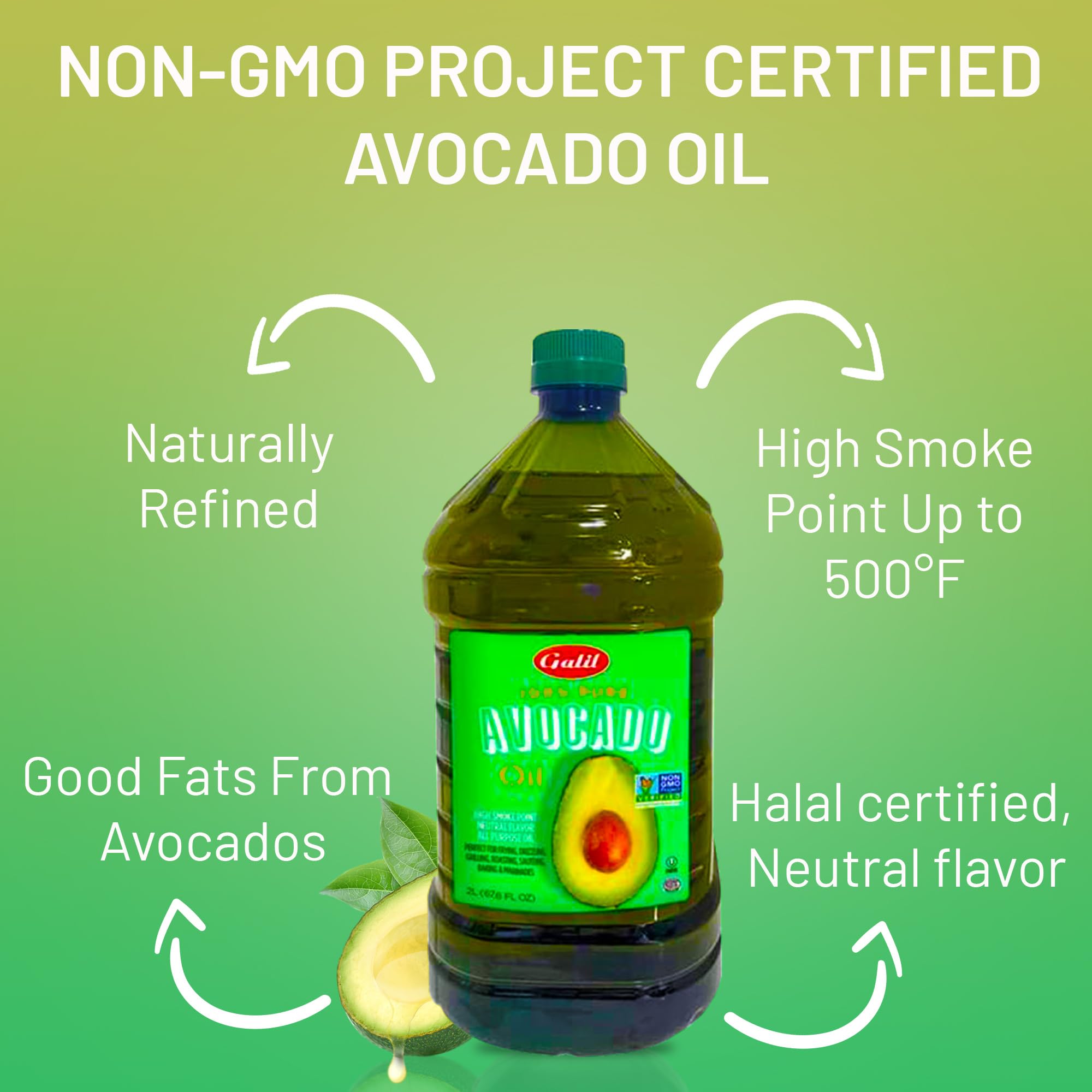 Galil 100% Pure Avocado Oil - High Smoke Point 500°F Non-GMO, Vegan, Halal Certified - Perfect for Cooking, Baking, Sautéing, Dressings & Marinades, Rich in Healthy Fats - 2 Liter Bottle
