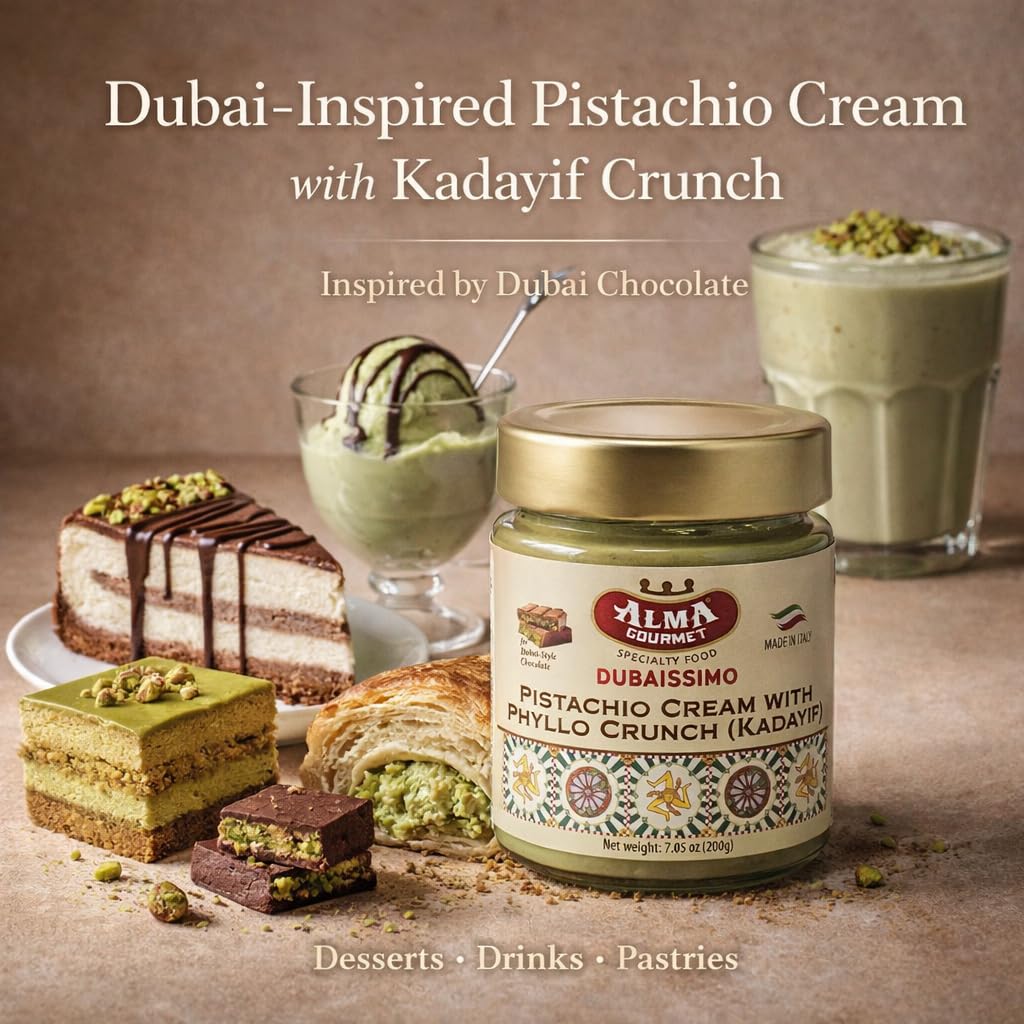 Alma Gourmet Dubaissimo Pistachio Cream with Kadayif 7.05oz (200g) - Original Dubai Chocolate Filling, Pistachio Paste to Spread, Authentic Premium