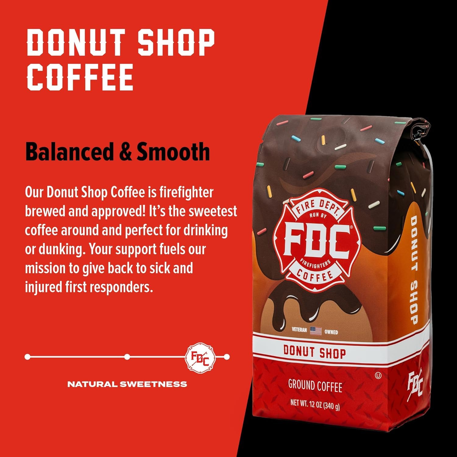 Fire Department Coffee - Gives Back to Firefighters - Donut Shop Coffee Beans - Sweet & Smooth - Medium Roast - Roasted in the USA - Veteran Owned (12