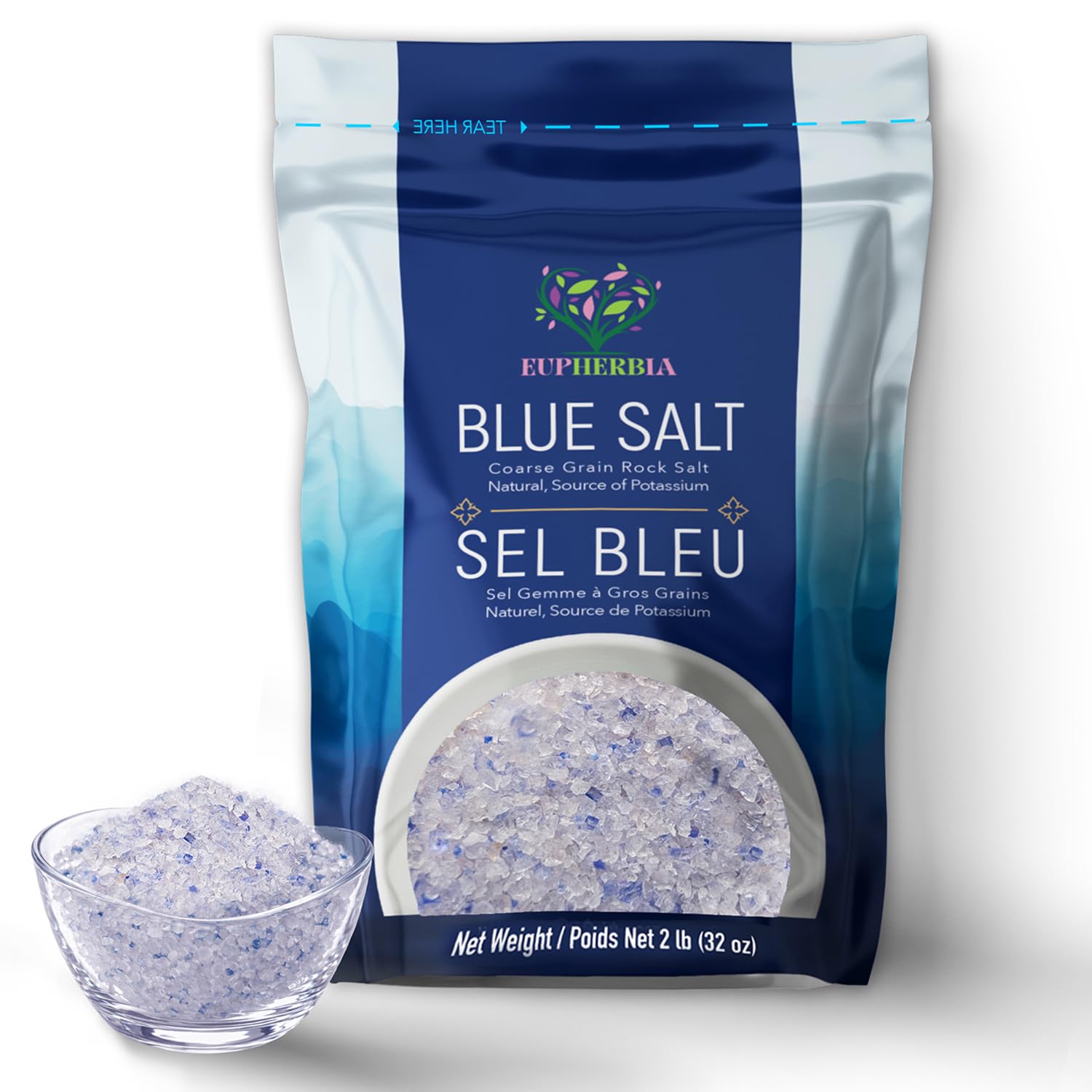 EUPHERBIA Blue Salt, Coarse, Rare Mineral Salt, High Potassium, Lower Sodium, Natural, Unprocessed, Hand Harvested, Kosher Certified (2lb Coarse